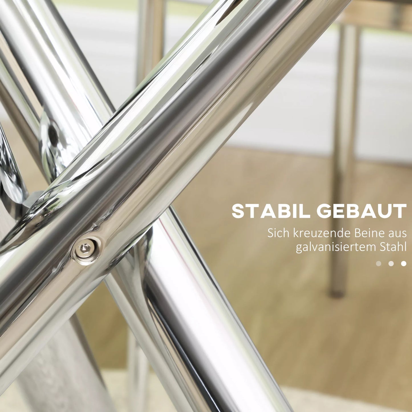 Valgomasis stalas, apvalus grūdinto stiklo stalviršis, berėmis dizainas, 2-4 asmenims, plieninės kojos, 80 x 80 x 74 cm