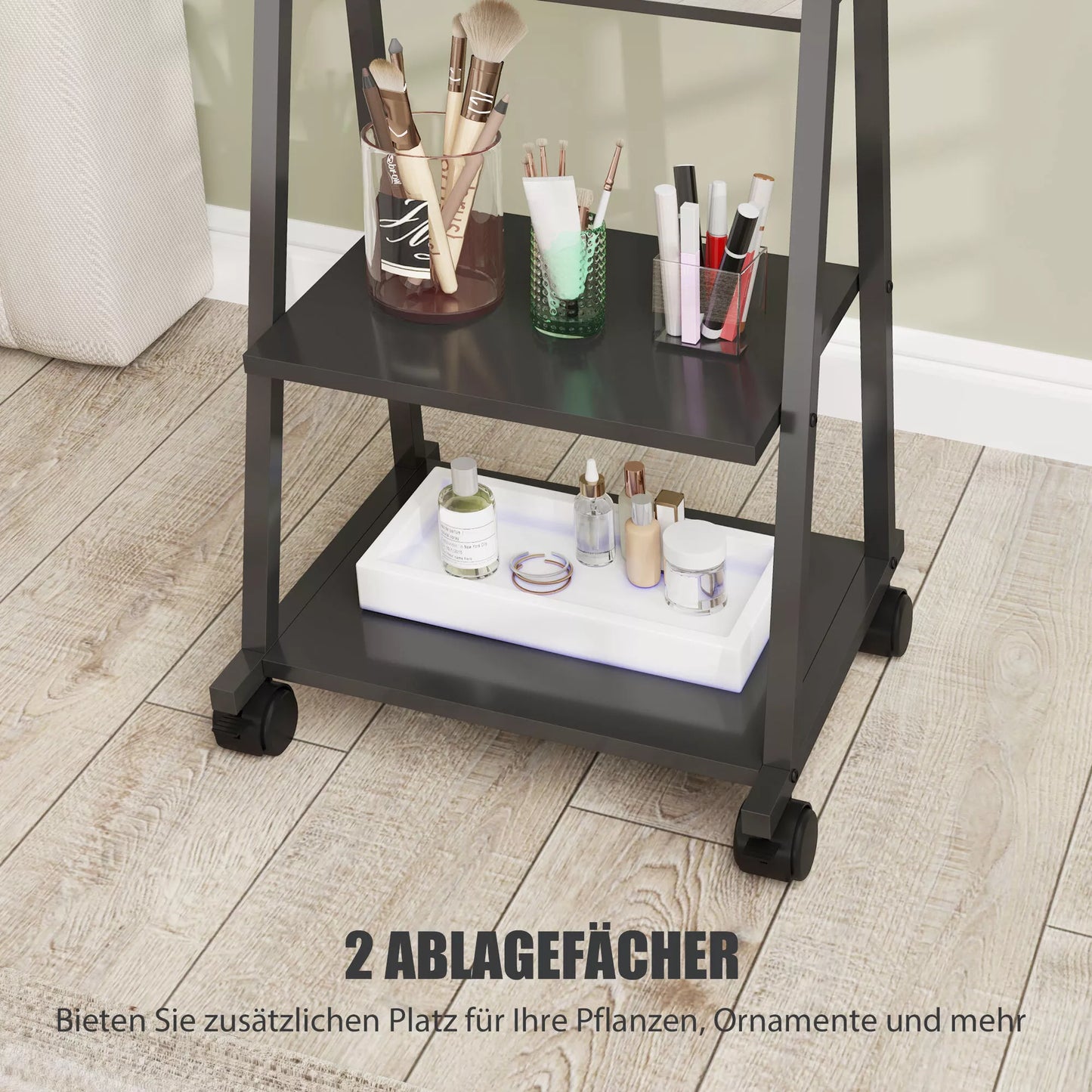 Ratinis viso kūno veidrodis su 2 lentynomis ir 4 ratais, miegamajam, svetainei, koridoriui, juodas