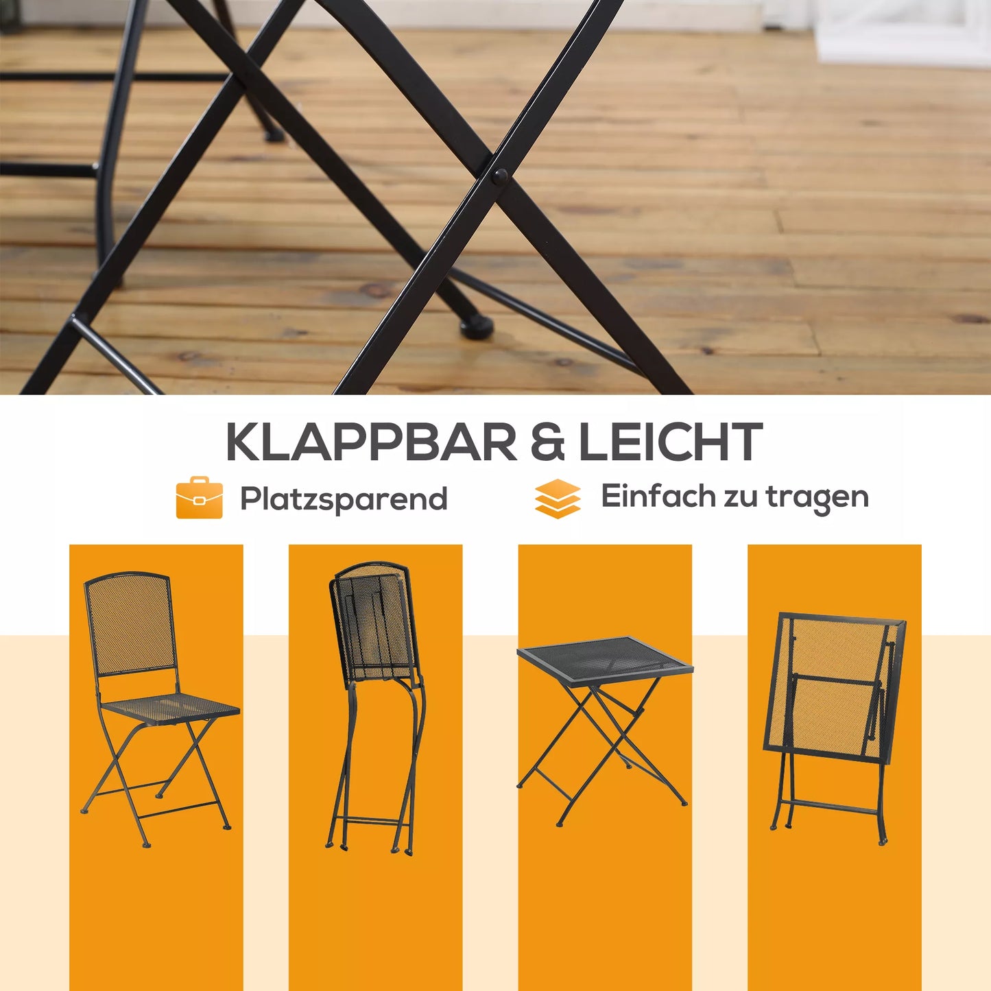 Sodo baldų komplektas 2 žmonėms, Bistro rinkinys, 1 stalas + 2 sulankstomos kėdės, Terasa, Balkonas, Metalas, Pilkas