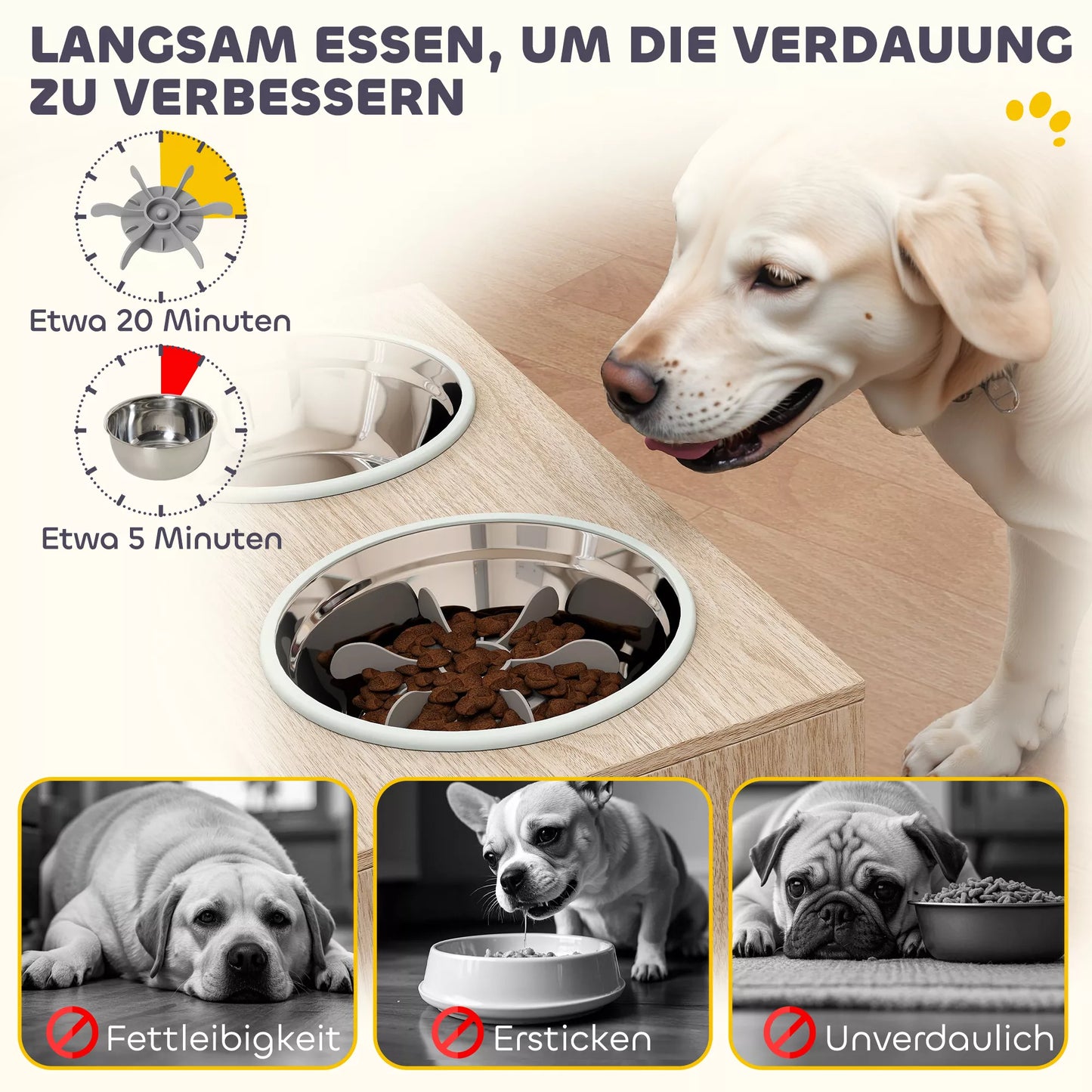 Šunų maitinimo stotis su 2 nerūdijančio plieno dubenimis, spintelė reikmenims, dideliems šunims, priedai, medinė