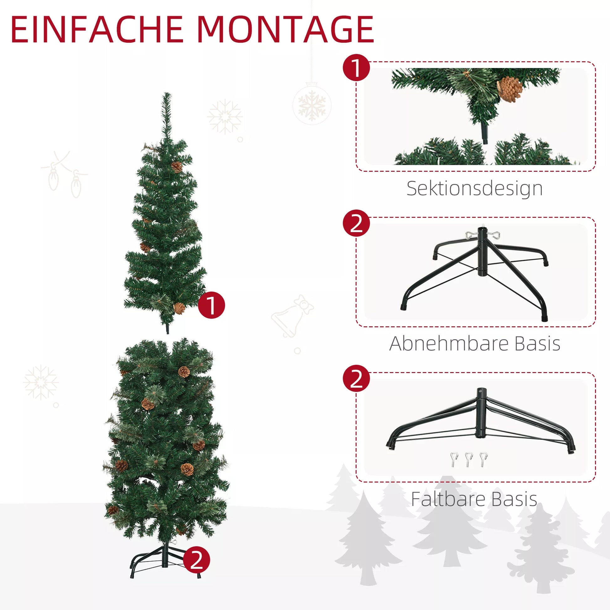 Dirbtinė Kalėdų eglė, plona, su kankorėžiais, antipireninė, 46 x 165 cm, žalia