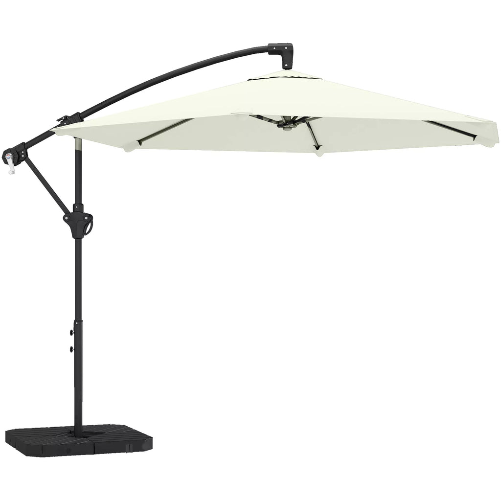 Skėtis su fiksavimo mechanizmu, skersmuo apie 300 cm, skėtis su rankine, stovas, svareliai, kreminė balta spalva