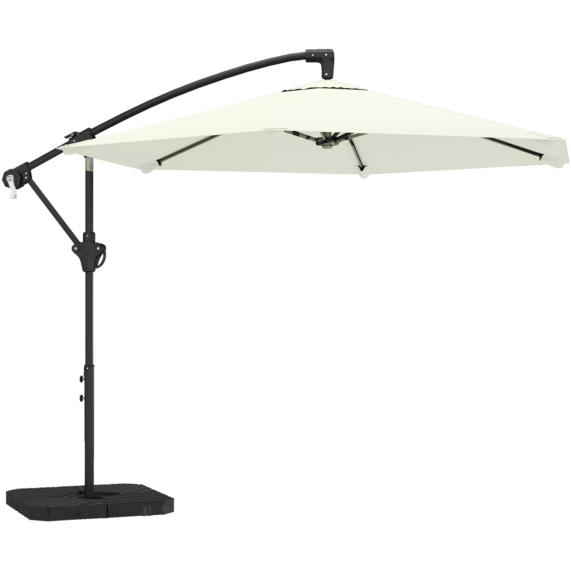 Skėtis su fiksavimo mechanizmu, skersmuo apie 300 cm, skėtis su rankine, stovas, svareliai, kreminė balta spalva