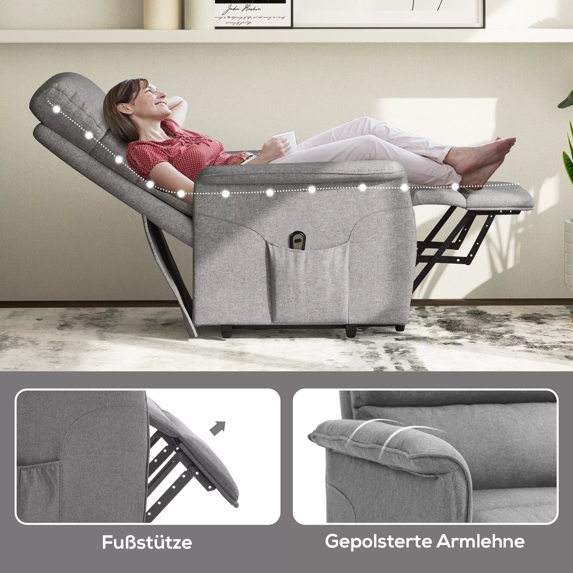 Krėslo informacinė grafika apie atramą kojoms ir porankius