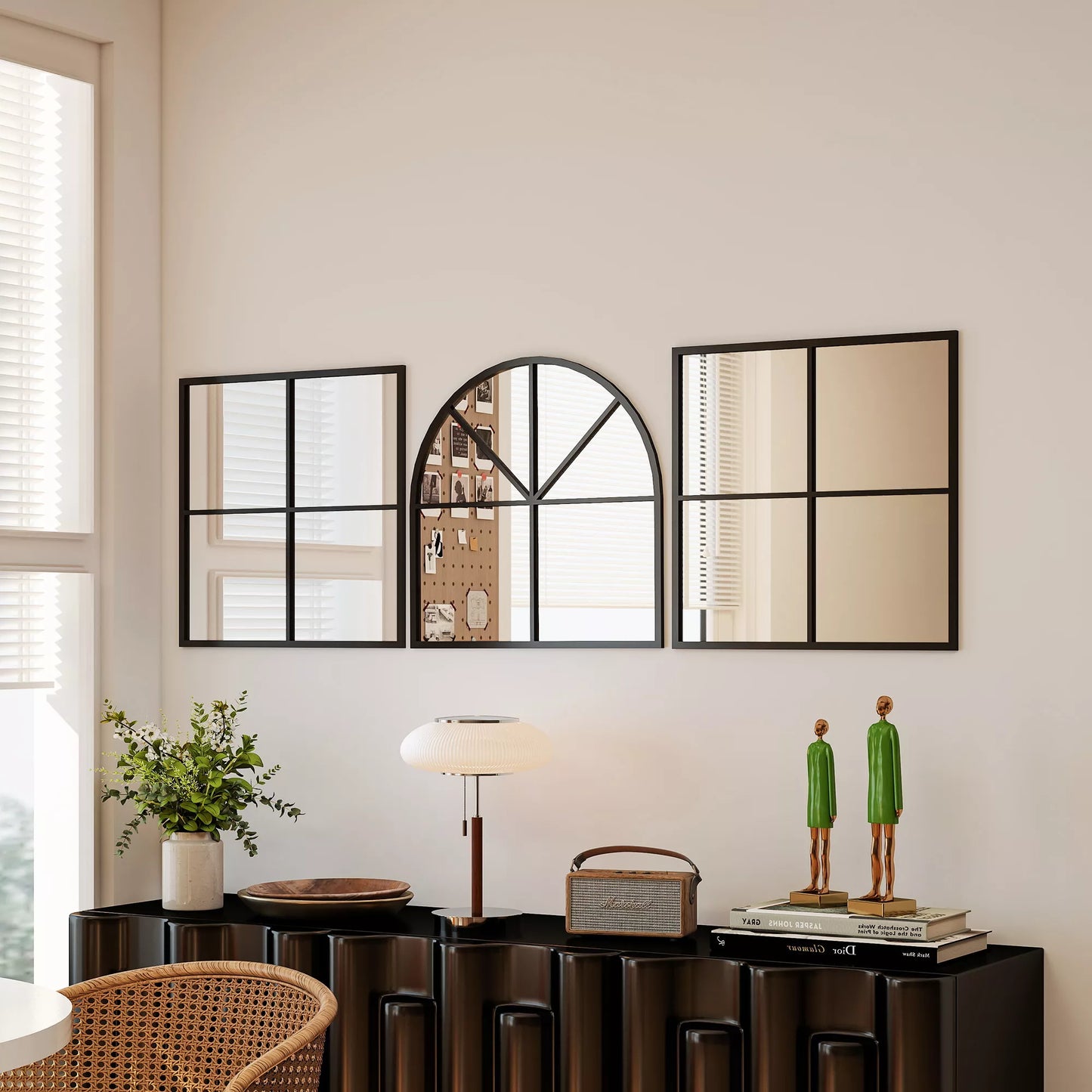 Trivietis sieninis veidrodis, lanko formos veidrodis su metaliniu rėmu, dekoratyvus 60 x 2 x 180 cm Juodas