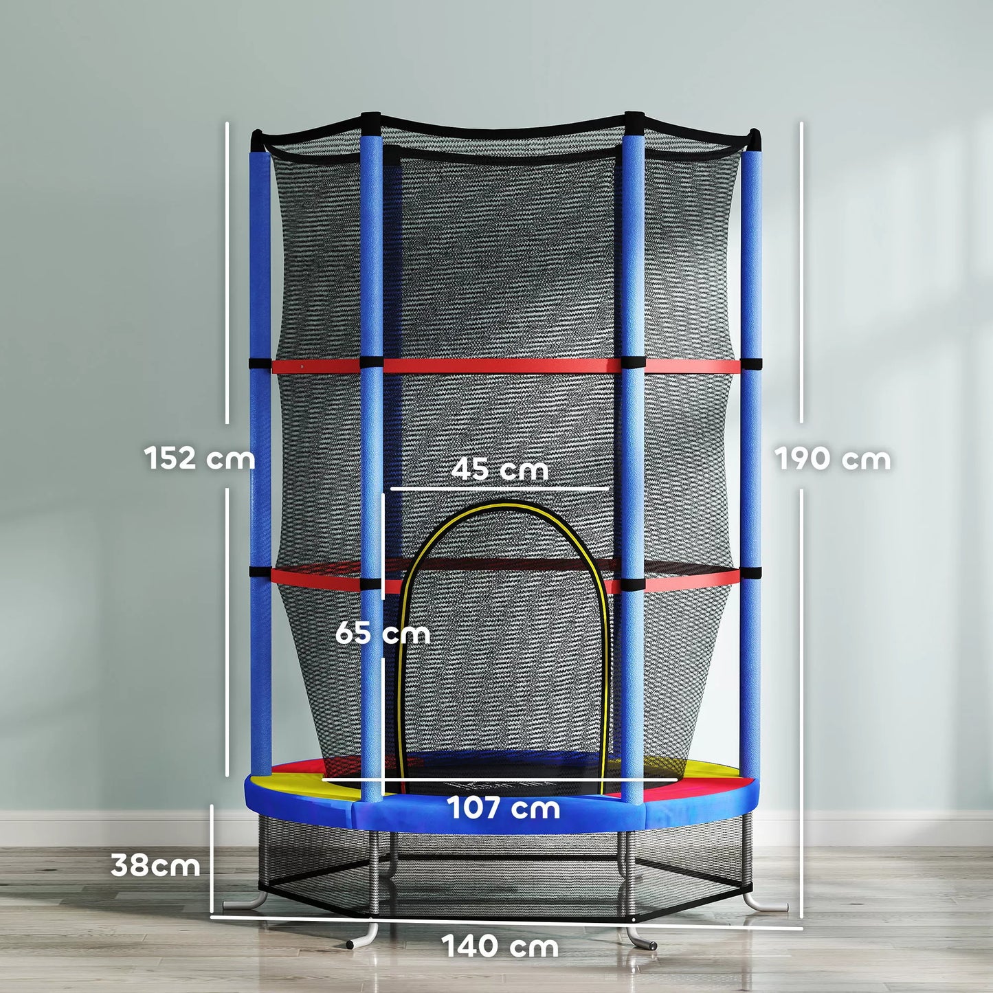 Vaikų batutas, saugos tinklas, guminių spyruoklių sistema, iki 45 kg, plieno rėmas, Ø140x160cm, spalvingas