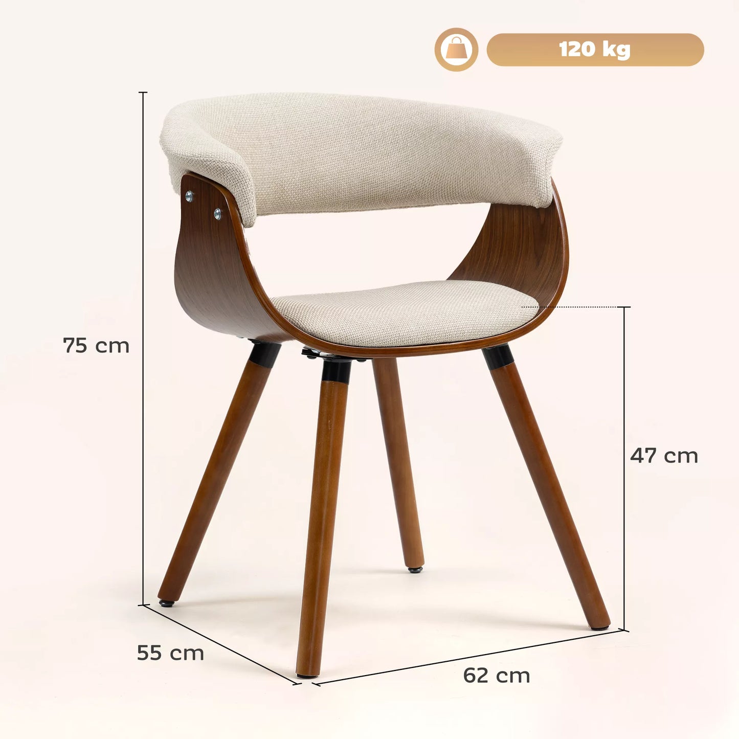 Valgomojo kėdė, audinys su lininio audinio išvaizda, lenktas atlošas, medinės kojelės, smėlio spalvos