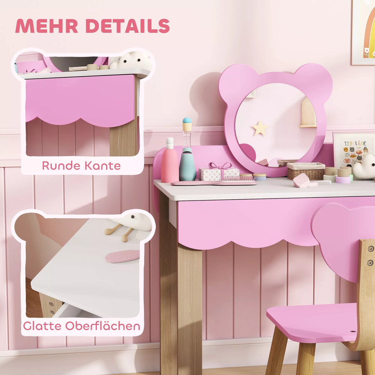 Vaikiškas grožio staliukas su taburete, "Meškiuko" dizaino veidrodis, stalčius, MDF, rožinis