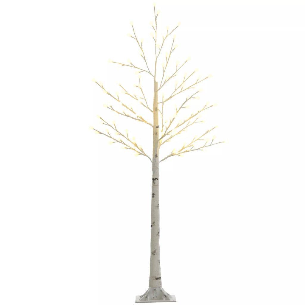 Dirbtinė beržo medelė su 120 LED lempučių, 3 šviesumo pakopomis, sulankstomomis šakomis, IP44, 150 cm, Balta