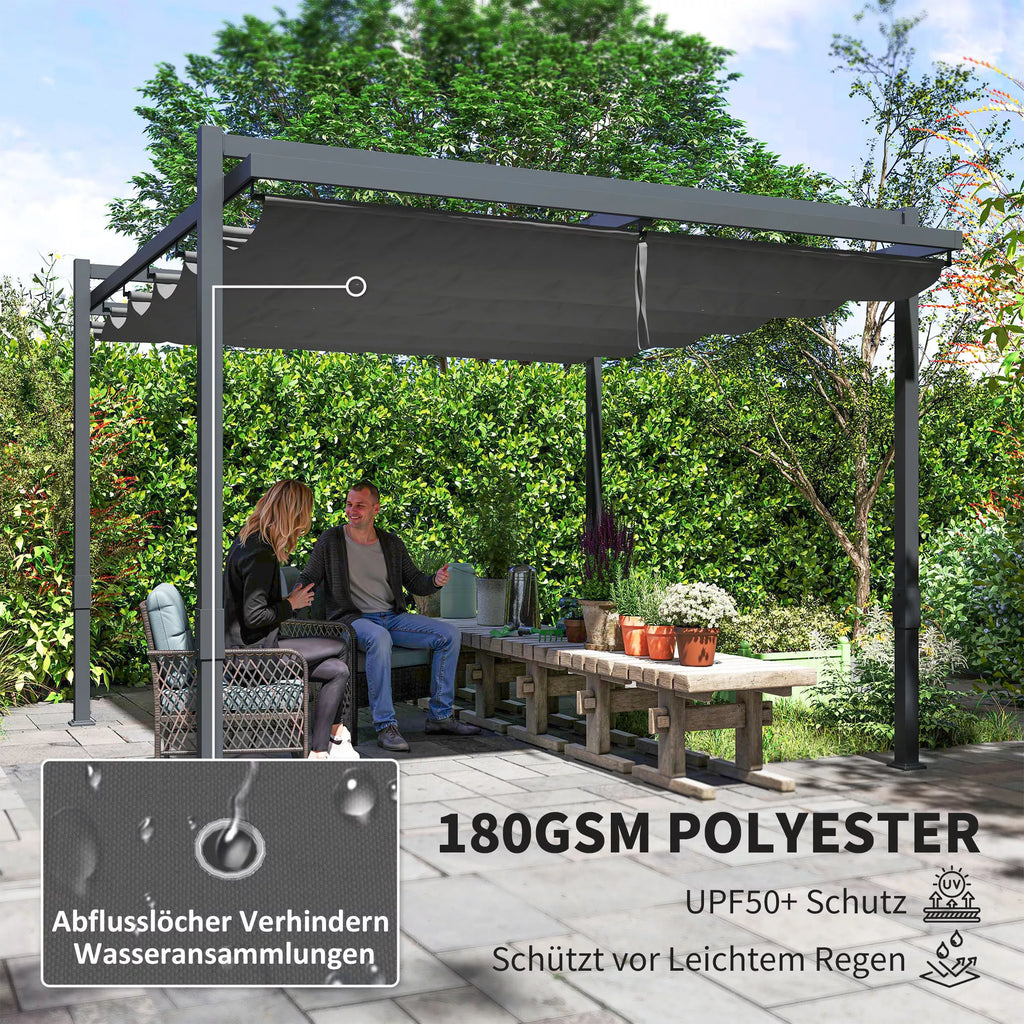 Pergola paviljonas, apie 3,5 x 3 m, aliuminis, stabilus, atsparus žiemos sąlygoms, saulės apsauga su reguliuojamu stumdomu stogu, pilkos spalvos