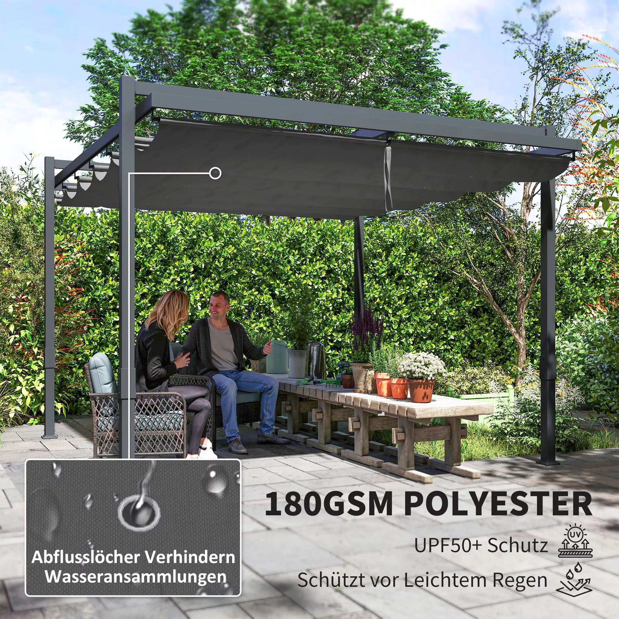 Pergola paviljonas, apie 3,5 x 3 m, aliuminis, stabilus, atsparus žiemos sąlygoms, saulės apsauga su reguliuojamu stumdomu stogu, pilkos spalvos
