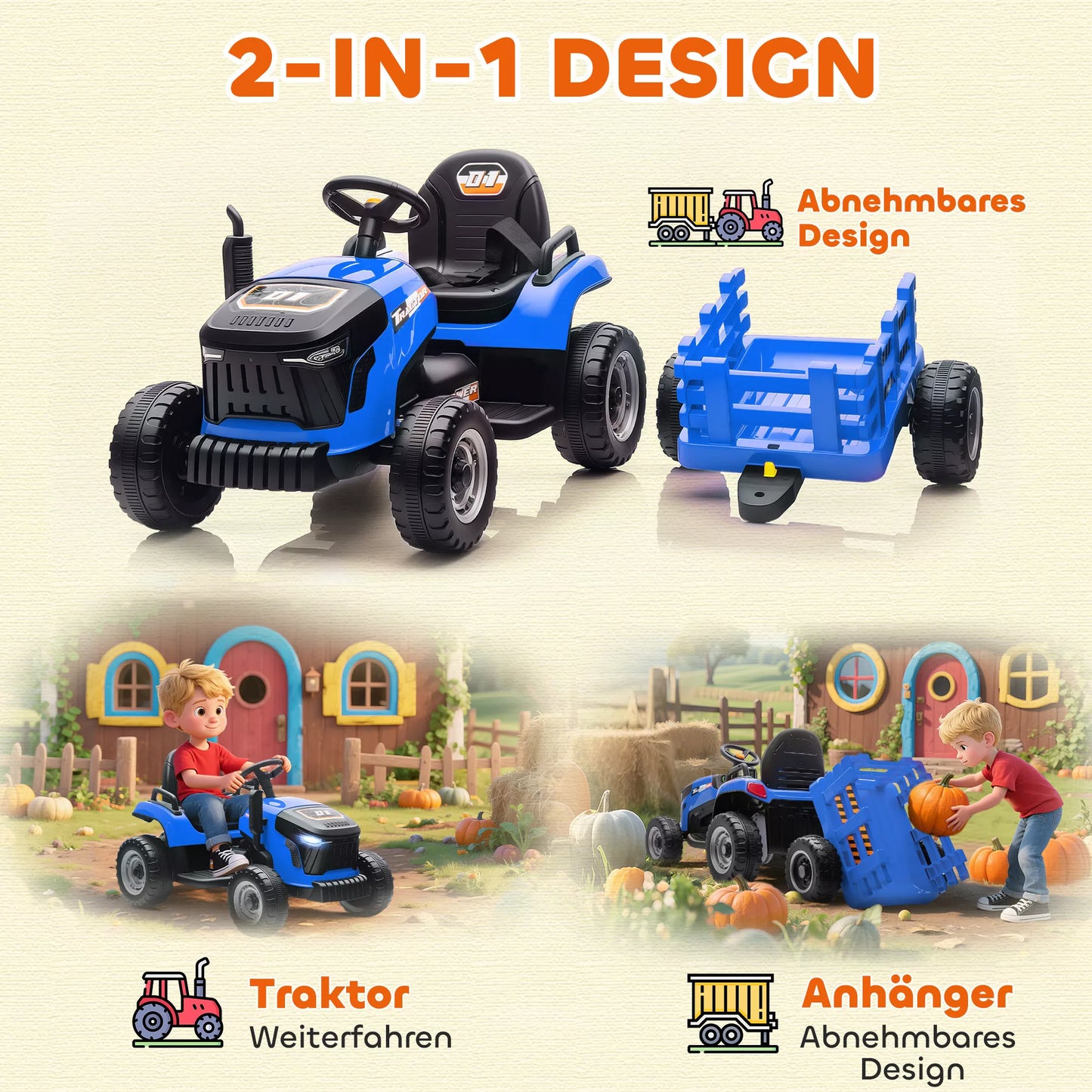 Elektrinis vaikiškas traktorius, važiavimo traktorius su nuotolinio valdymo pulteliu, švelnus startas, vaikams nuo 3-8 metų, mėlynas