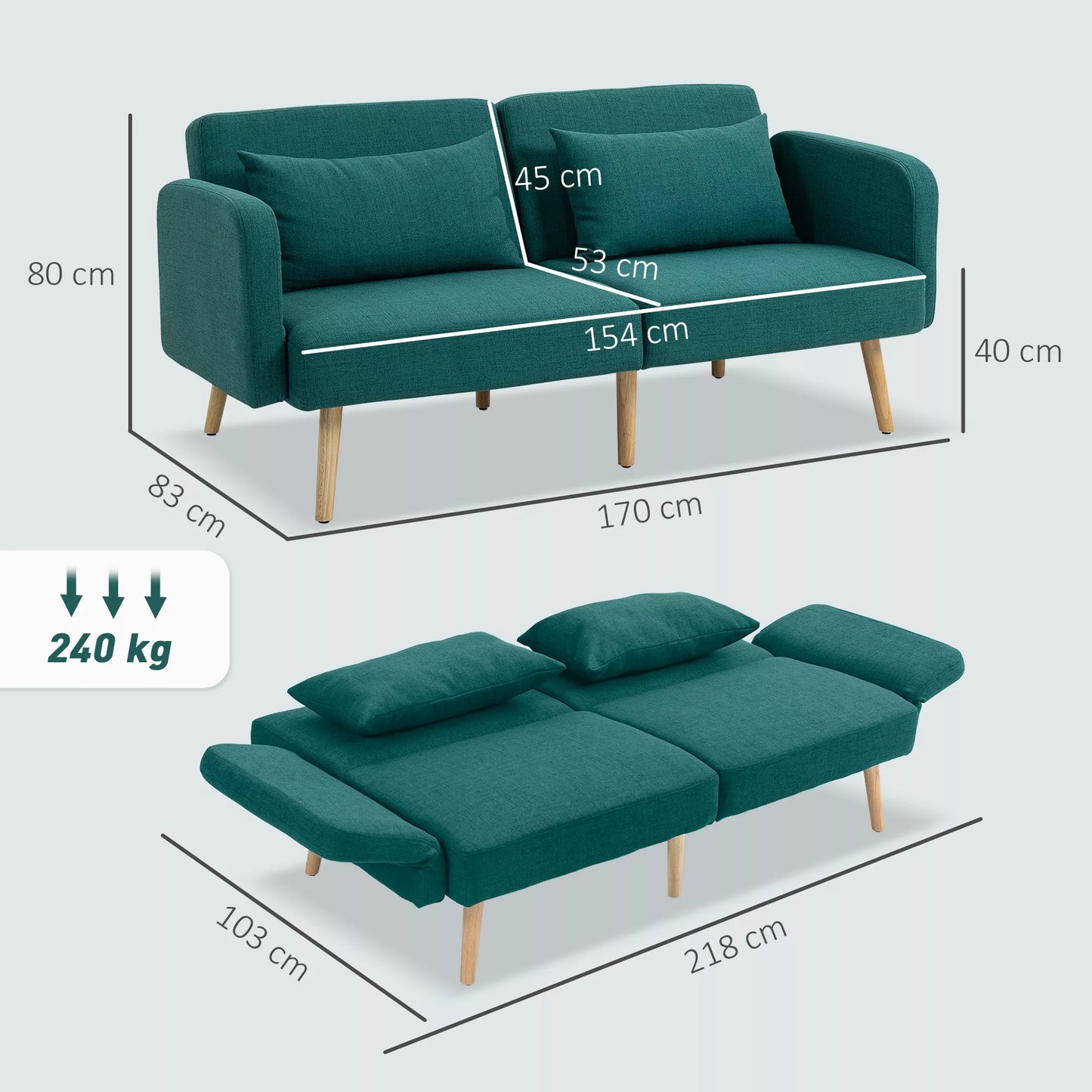 Miegamasis sofos, 3-vietė sofa su lovos funkcija, 2 pagalvės, minkšta sofa su reguliuojamu atlošu, lino išvaizda, žalia