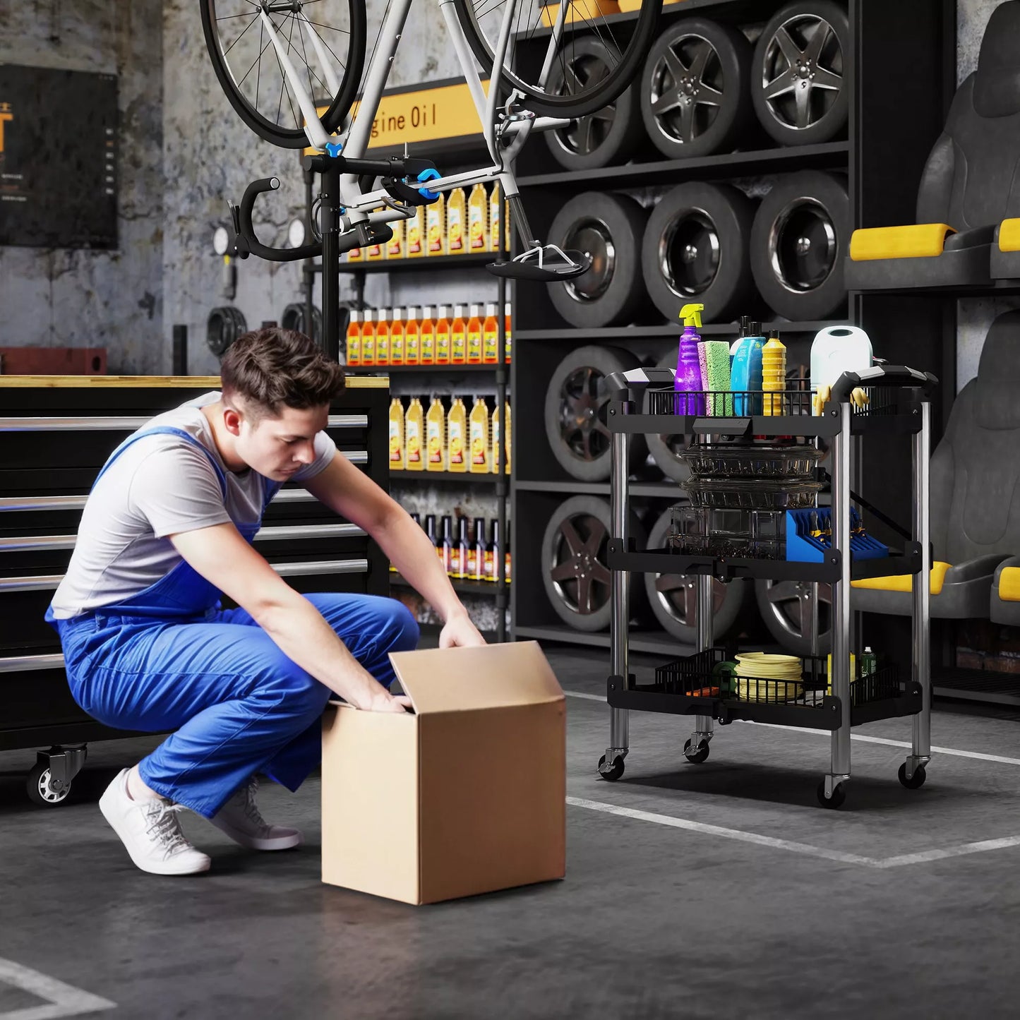 Sulankstomas 3 pakopų vežimėlis įrankiams, plastikas, plienas, juodas