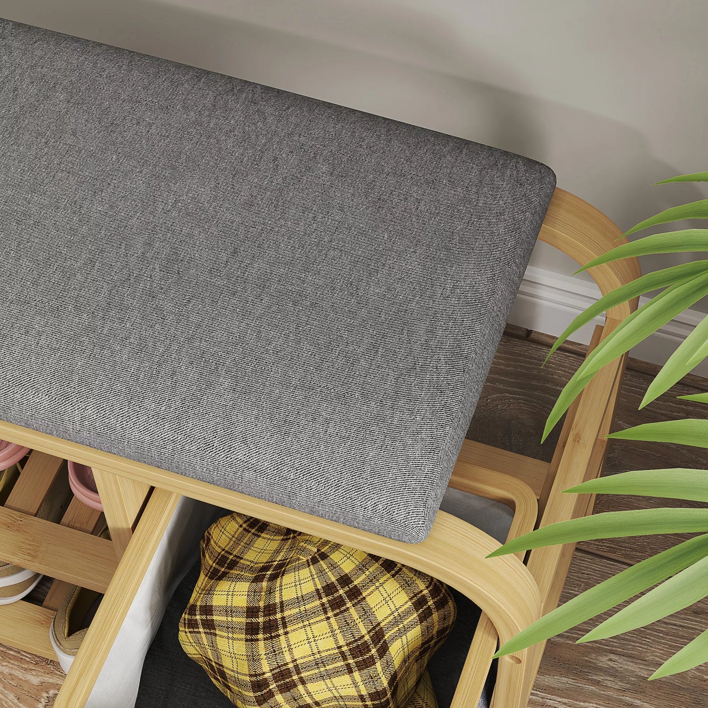 Batų lentyna su lentynomis, batų laikymo lentyna, bambukas, paminkštinta sėdimoji dalis, pilka