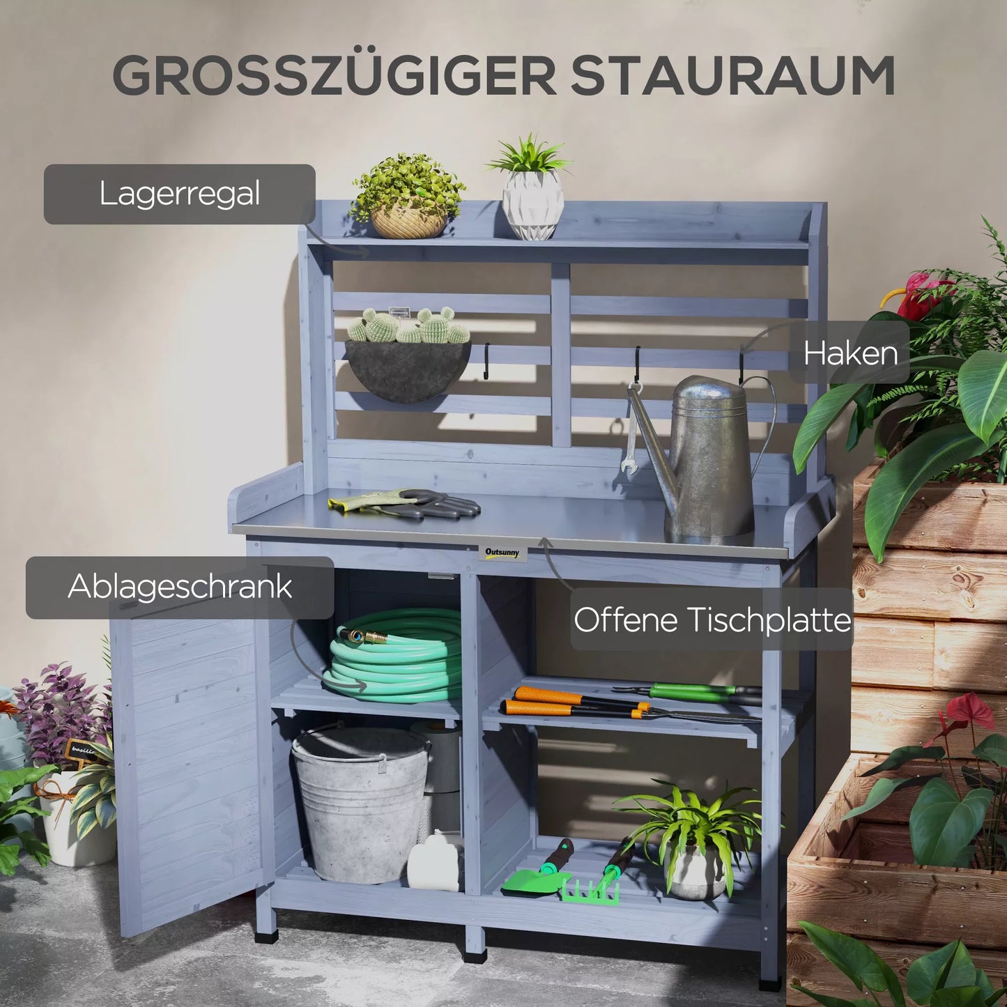 Sodo stalas su spintele, aliuminio darbo paviršiumi, saugojimo vieta, 112x47x146 cm, pilkos spalvos