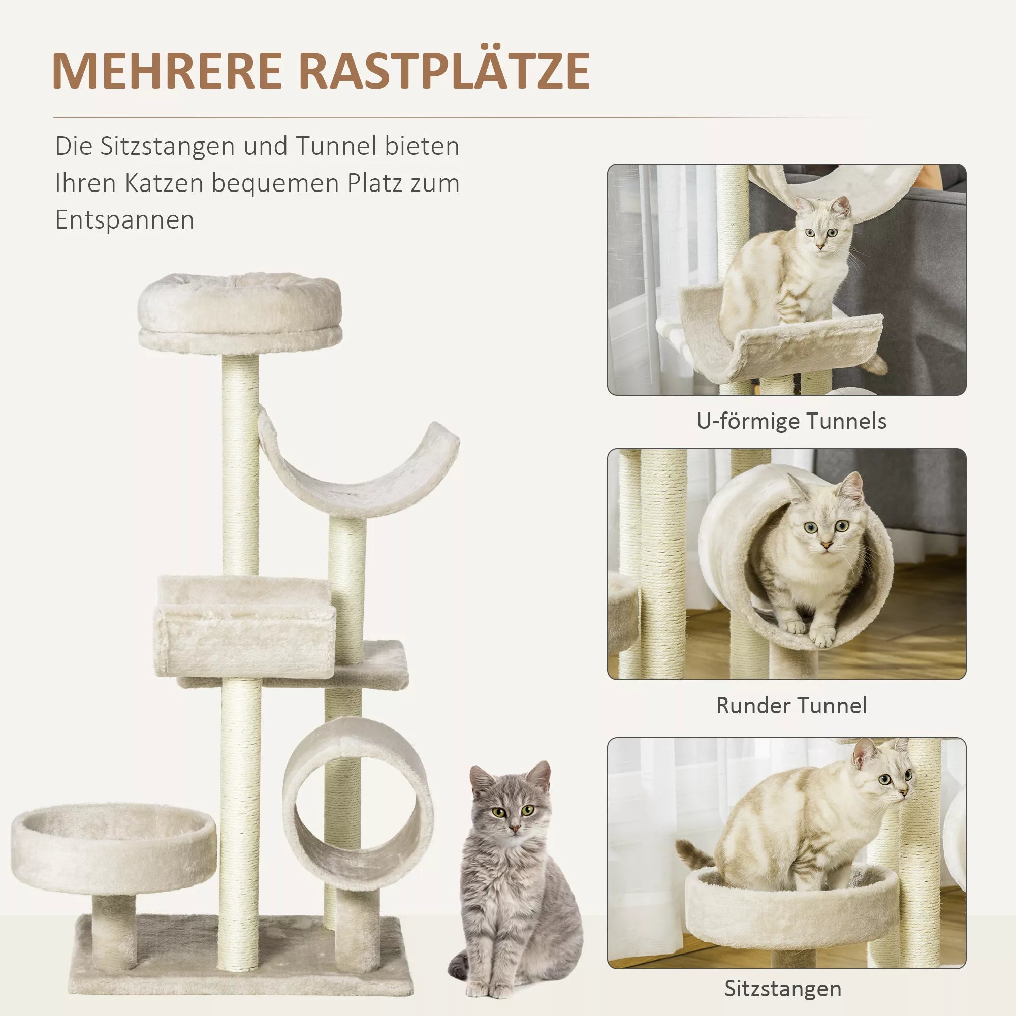 Katės draskyklė su tuneliu ir platformomis, 105 cm, smėlio spalvos