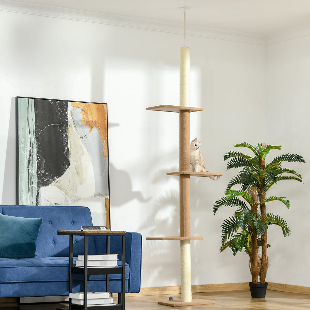 Kratzbaum Deckenhoch, 228-260 cm aukščio reguliuojamas kačių medis, 3 lygių kačių medis, kačių medžiojimo medis, žaidimų medis nuo grindų iki lubų, chaki spalvos