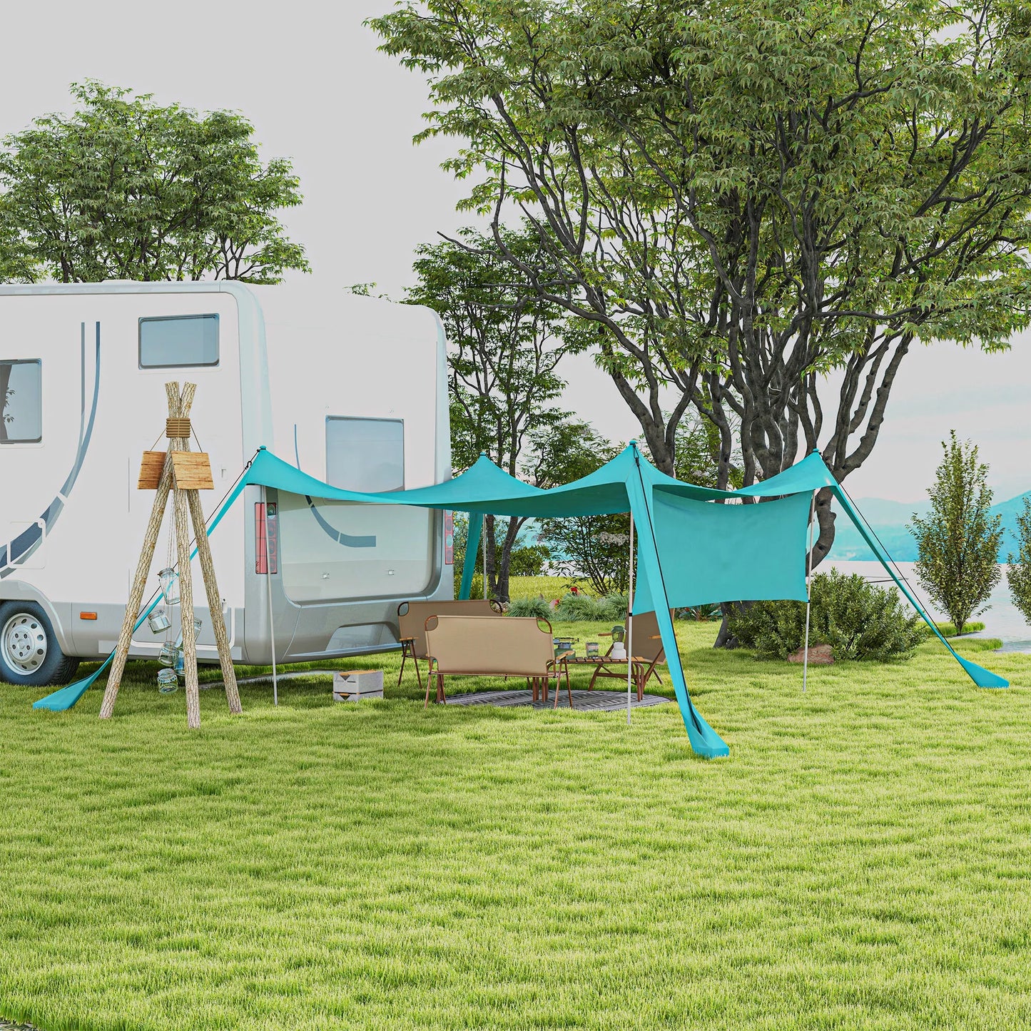 Markizė nuo saulės, atspari vandeniui, reguliuojama, lengva, sulankstoma, su plieniniais stiebais, 3x3x2m, dangaus mėlyna