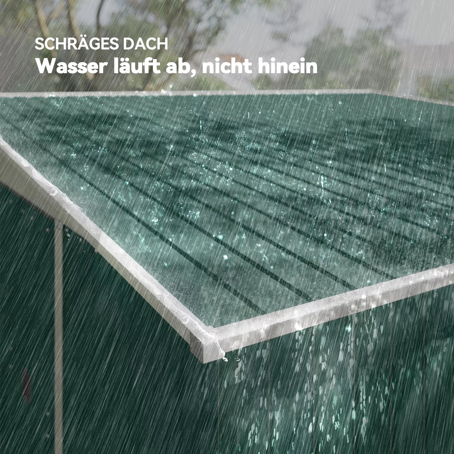 Žalias metalinis sodo namelis su šlaitiniu stogu ir užrakinamomis dvigubomis durimis 2,8 x 3,45 x 2,01m