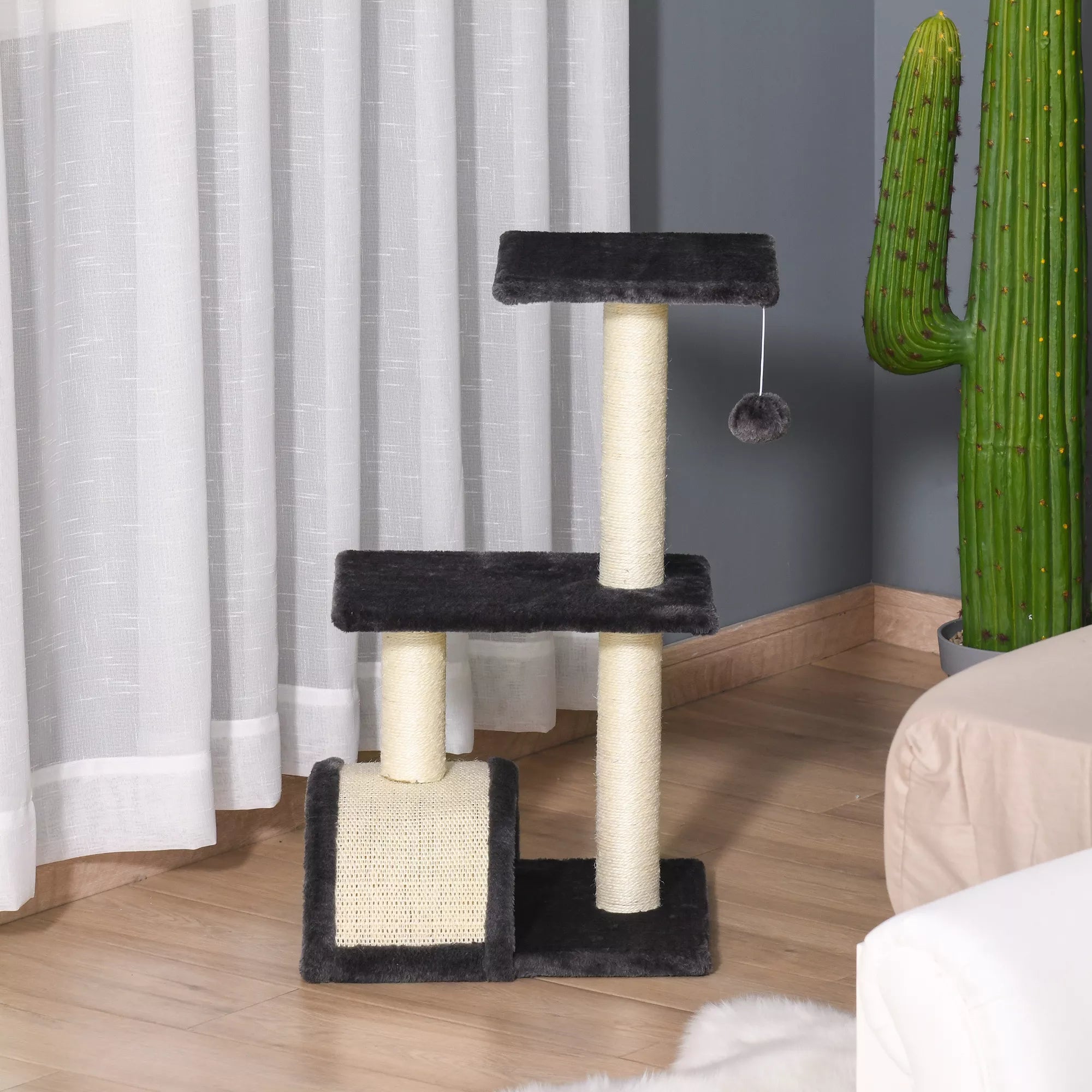 Kačių draskyklė 72 cm su stulpais ir platforma, pilka