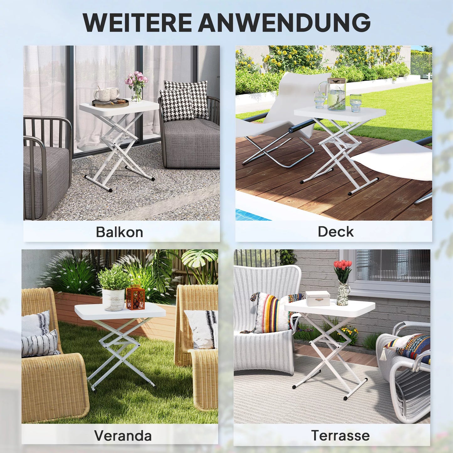 Sodo stalas, nešiojamas lauko stalas pagamintas iš plastiko ir metalo, bistrot stalas, skirtas terasai, sodui, baltas