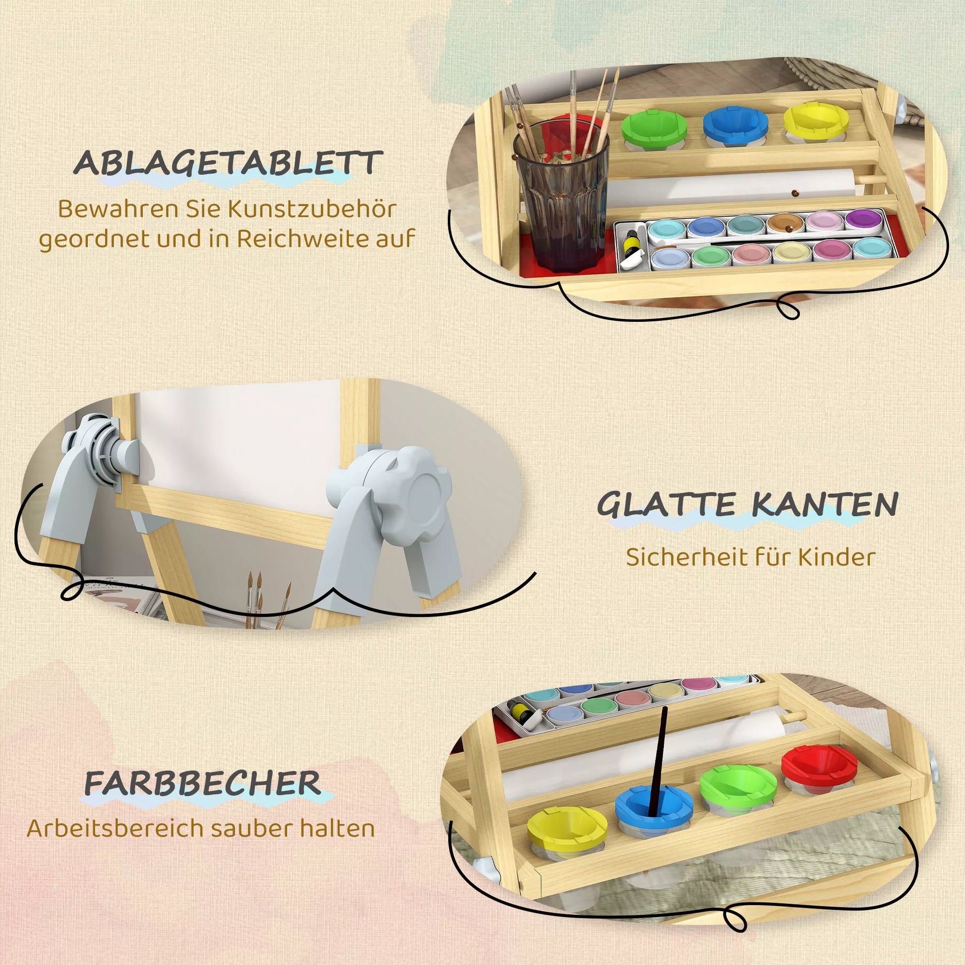 Medinis vaikiškas stovas, dvipusė balta lenta ir lenta, aukščio reguliavimo stovas su popieriaus ritinėliu, dėklu, natūralus