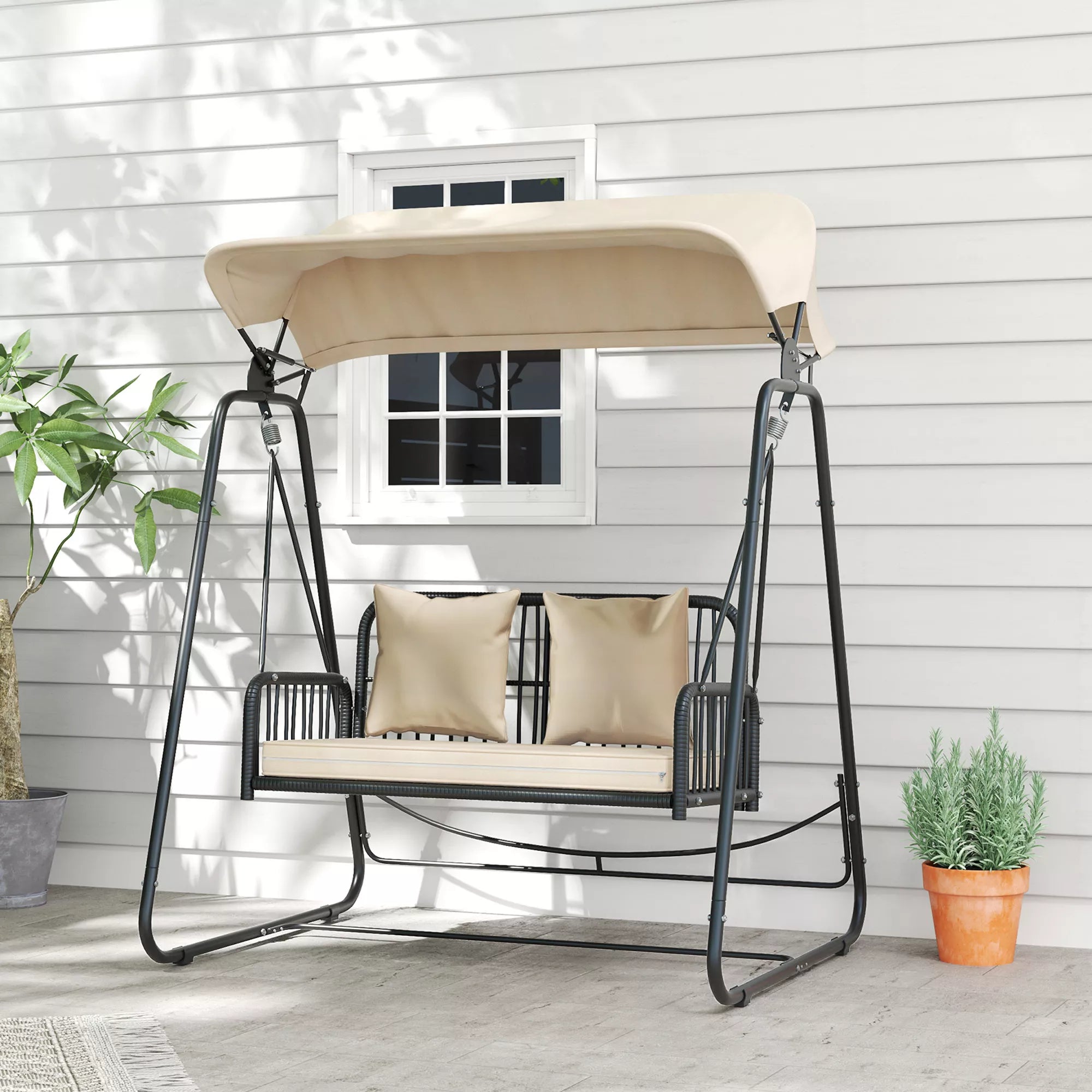 Lauko, sodo  sūpynės Rotango 2-vietės sodo sūpynės su saulės stogu Pagalvės iki 240 kg 149 x 121 x 180 cm Chaki