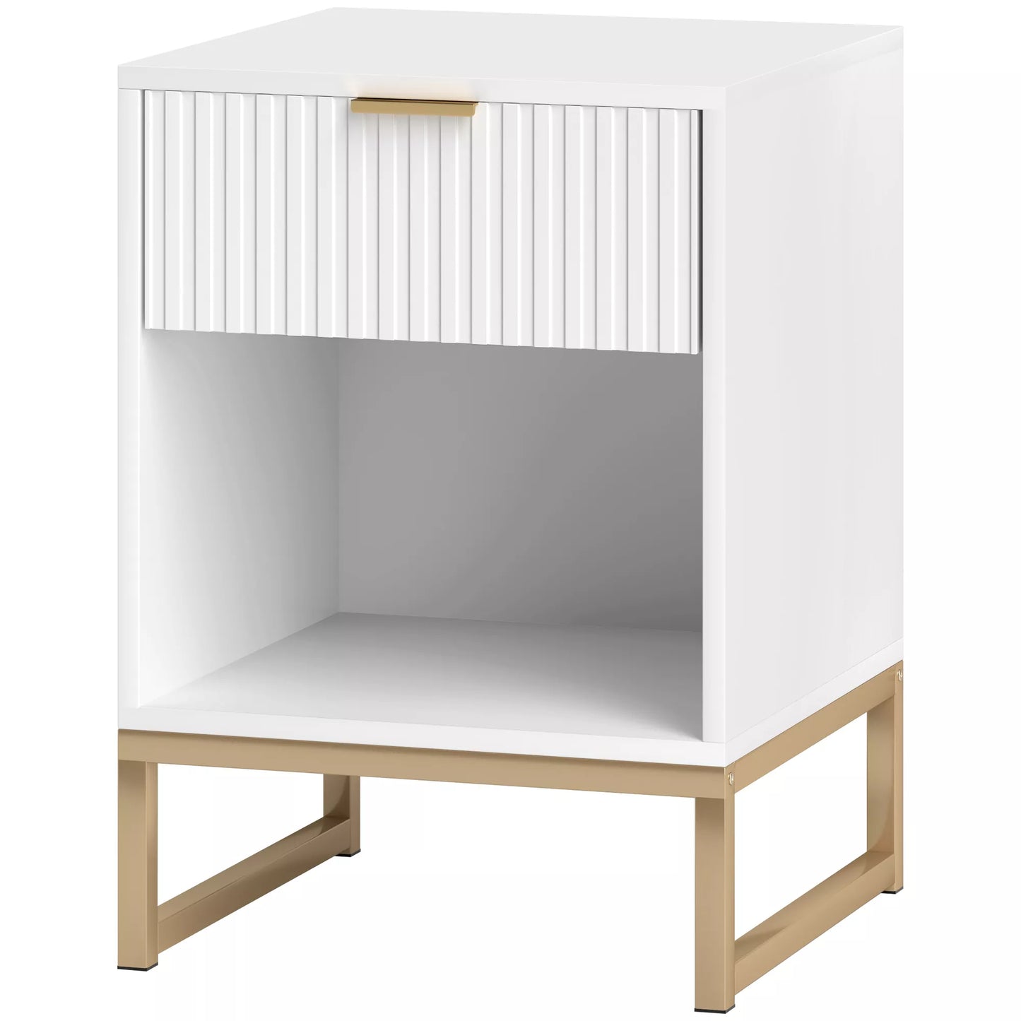 HOMCOM Naktinis staliukas su stalčiumi ir lentyna, sandėliavimui, su metalinėmis kojelėmis, miegamajam, svetainei, baltas