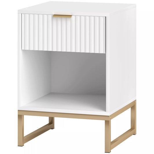 HOMCOM Naktinis staliukas su stalčiumi ir lentyna, sandėliavimui, su metalinėmis kojelėmis, miegamajam, svetainei, baltas