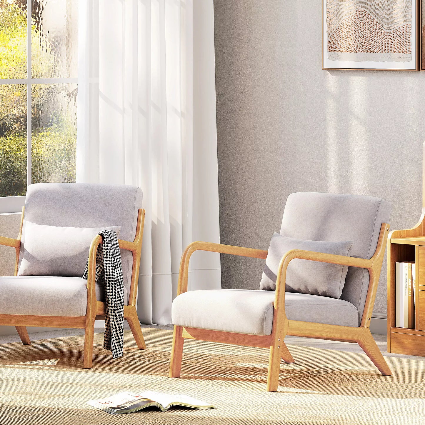 Elegantiškas svetainės fotelis su mediniu rėmu ir putplasčio užpildu, aksomo išvaizda, skirta svetainei, miegamajam, pilkos spalvos