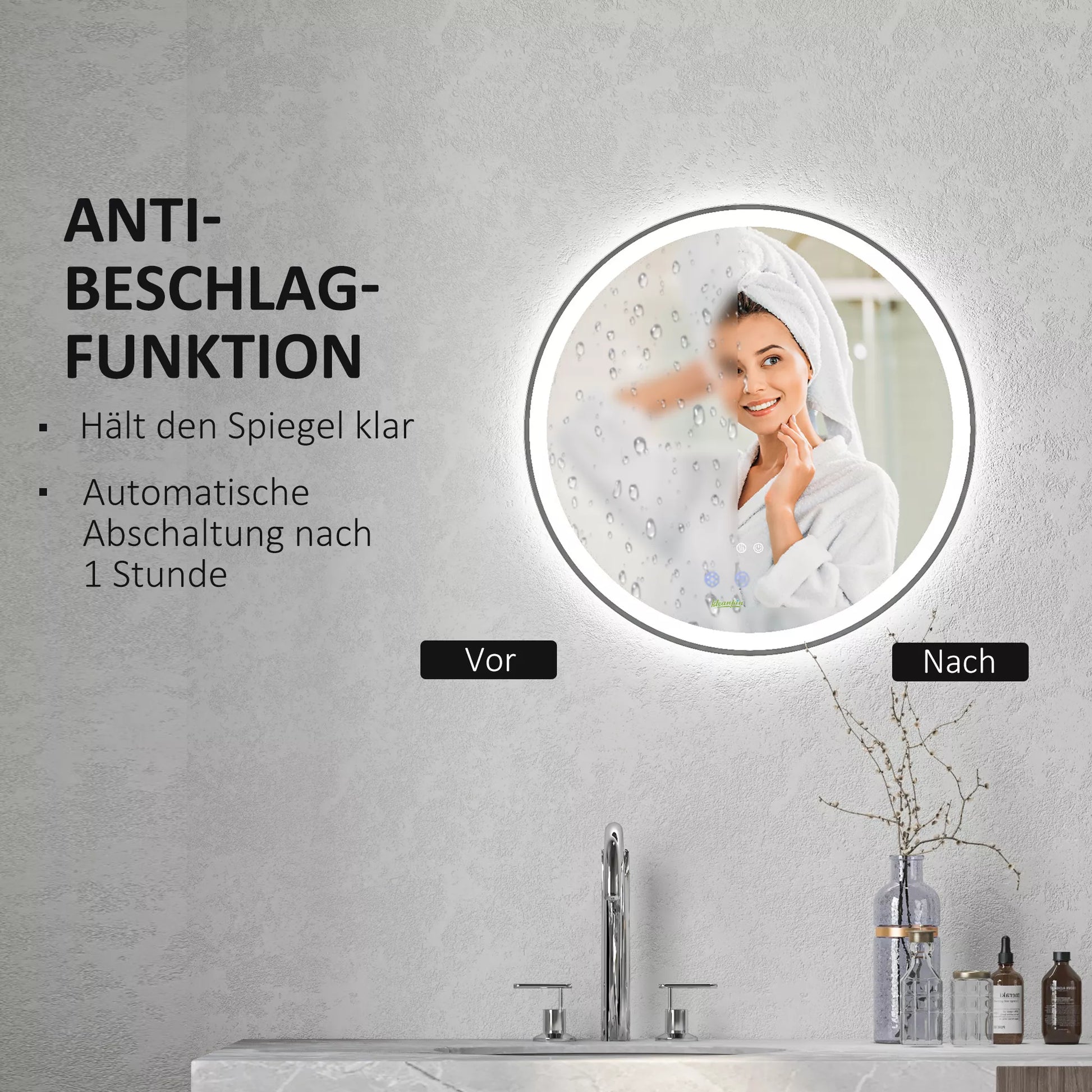 Vonios veidrodis Vonios veidrodis Apvalus veidrodis, LED apšvietimas, jutiklinė funkcija, neaprūko, 60 x 60 cm