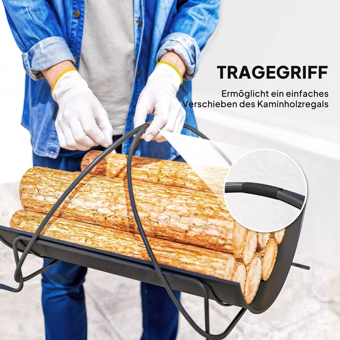 Vidinė malkų laikymo lentyna 51 x 38 x 33cm, geometrinis malkų stovas su metaline rankena, juoda