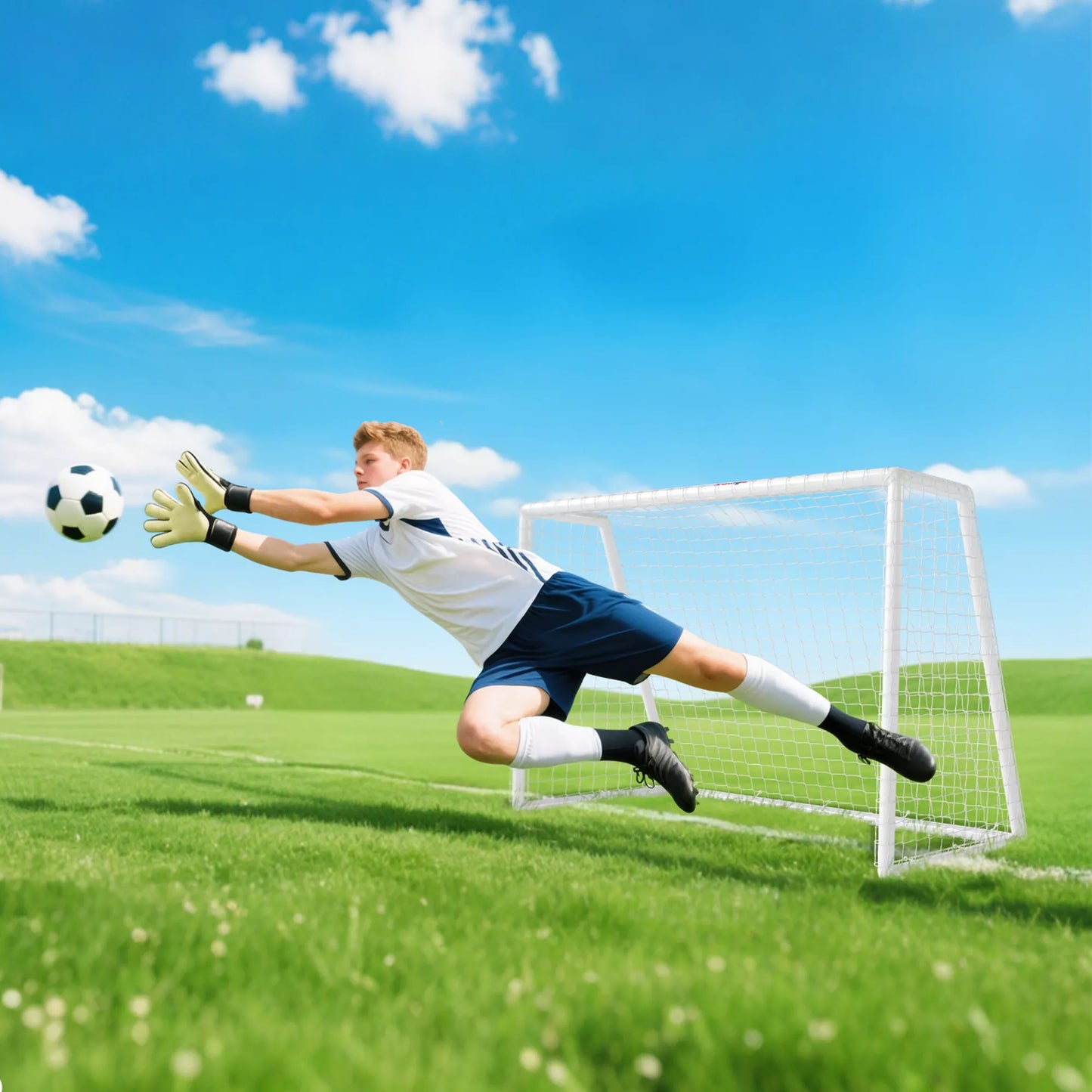 Futbolo vartai, tvirtas tinklas, plastikinis rėmas, kuoliukai, 180 ilg. x 92 plat. x 124 aukšt. cm, balta