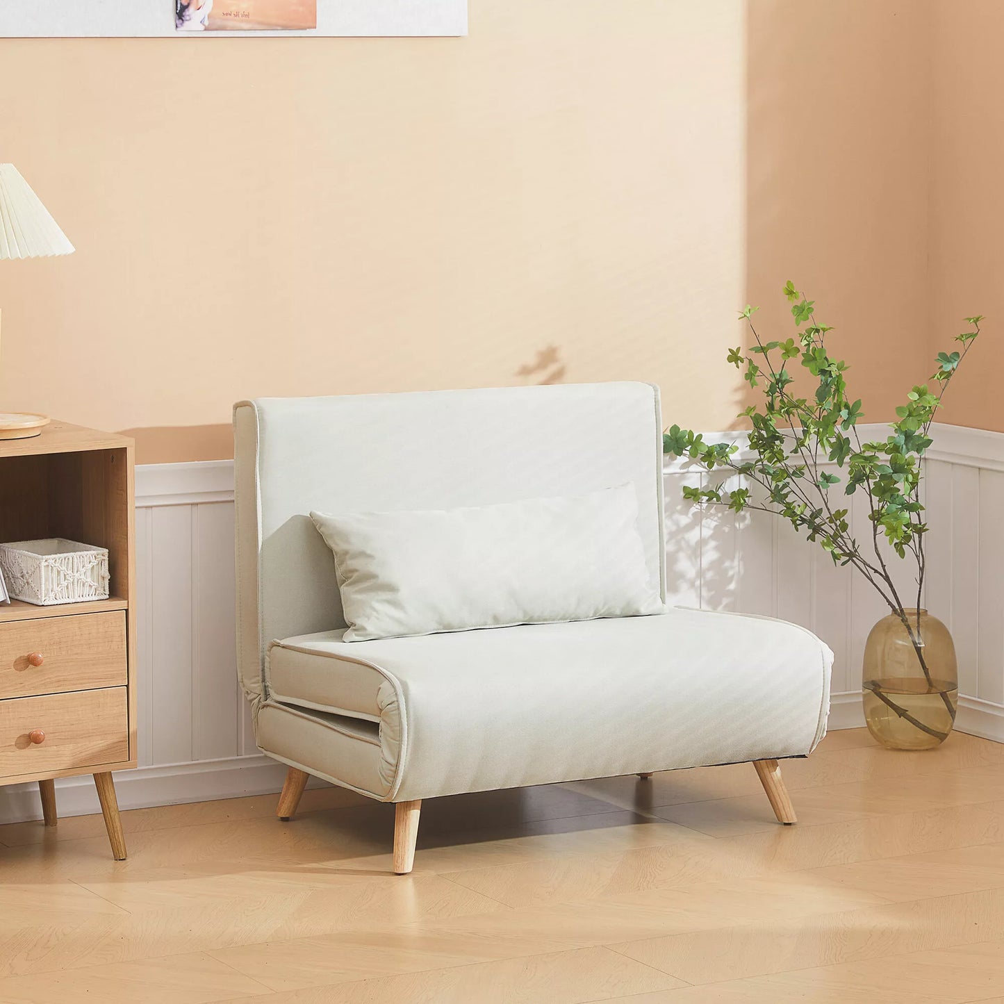 Viengulis miegamoji sofa-lova, sulankstoma sofa, reguliuojamas atlošas, poilsio lova, šiaurietiško/skandinaviško dizaino, 25D putplastis, namams, lino imitacija, kaučiukmedžio mediena, kreminė balta, 94 x 78 x 80 cm