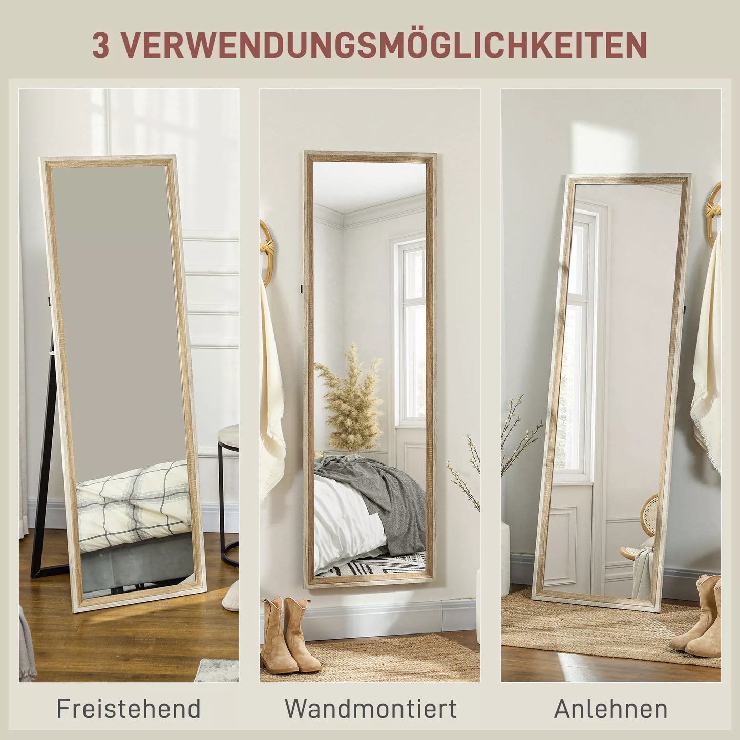 Viso kūno veidrodis, MDF rėmas, atspari dūžiams plėvelė, 162,6 x 53,3 cm, natūralaus medžio