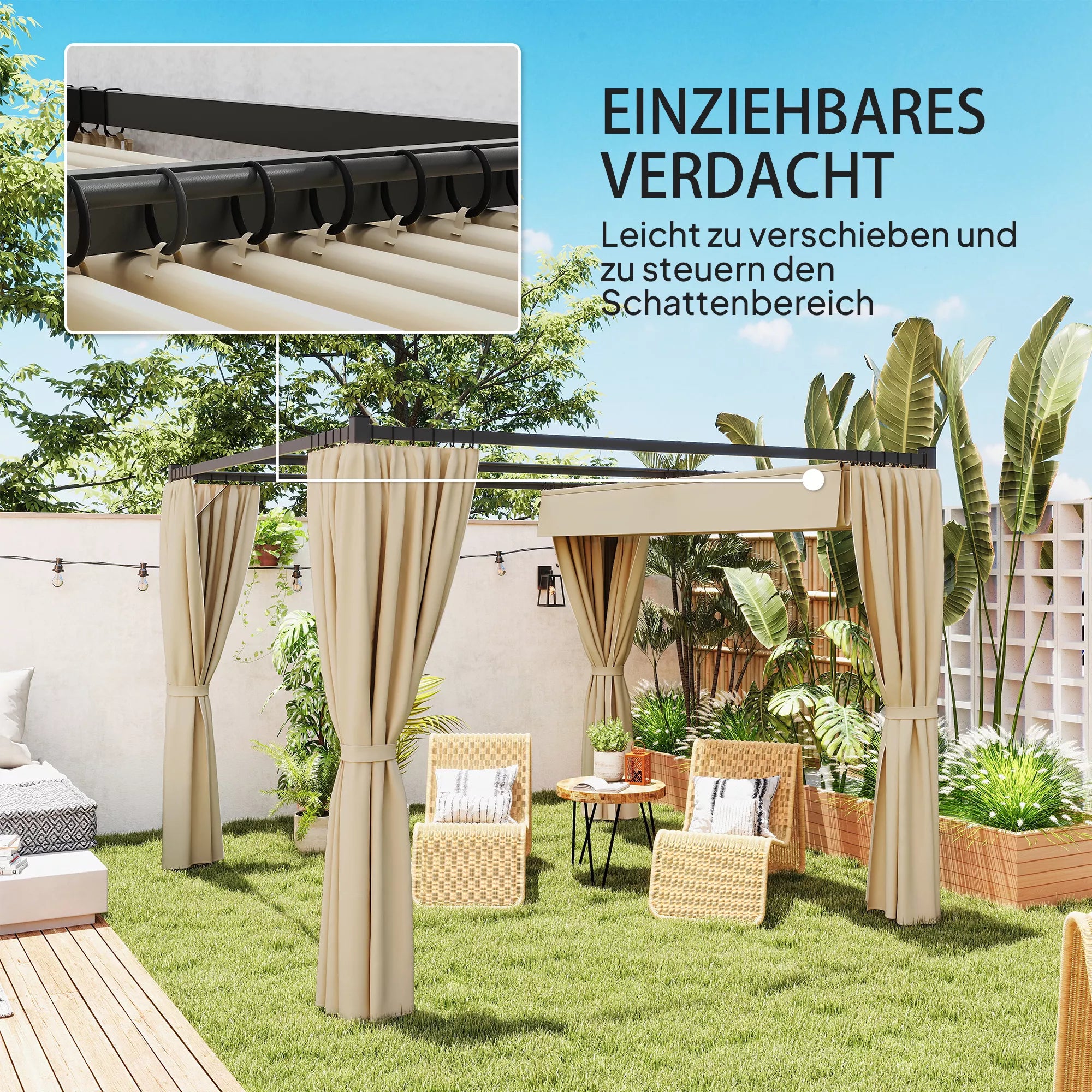 Pergola 3 x 3 m Atskirai stovinti terasos stogelė su stumdomu stogu, 4 šoninės sienos, atspari UV spinduliams, smėlio spalvos