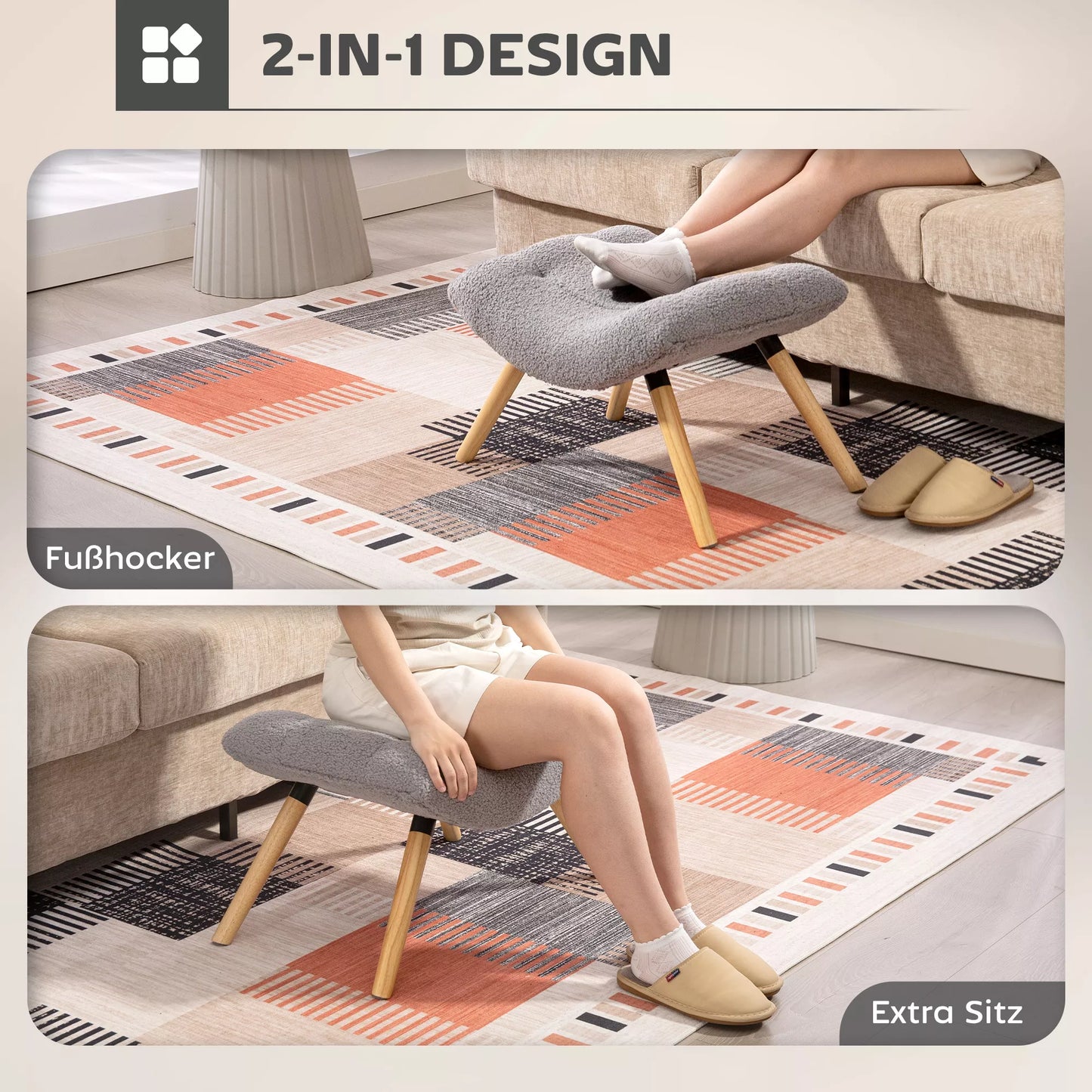 Modernus pufas su vilnos užvalkalu ir medinėmis kojelėmis, minkštas, svetainei, miegamajam, koridoriui, šviesiai pilkas