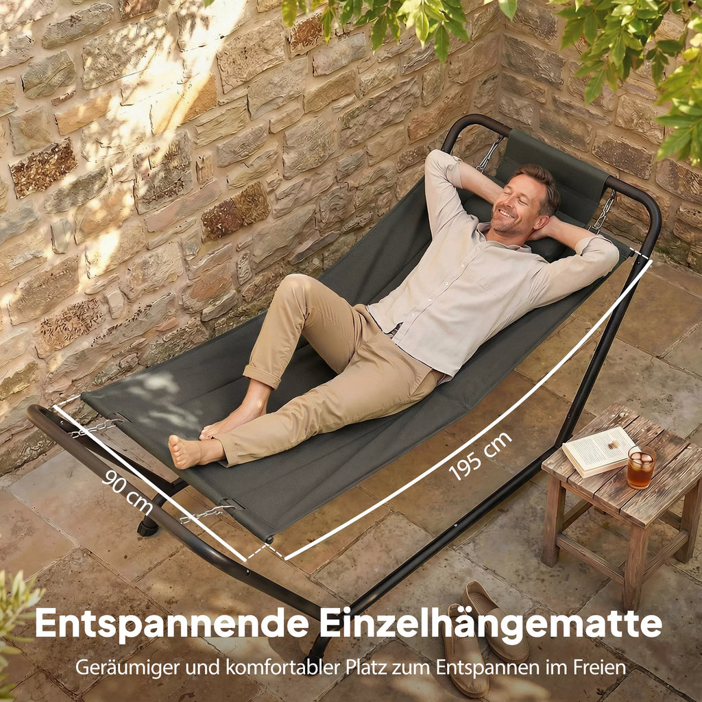 Hamakas su rėmu 237 x 90 cm Stabinis hamakas su šonine kišene, galvos atrama Metalinis rėmas iki 150 kg