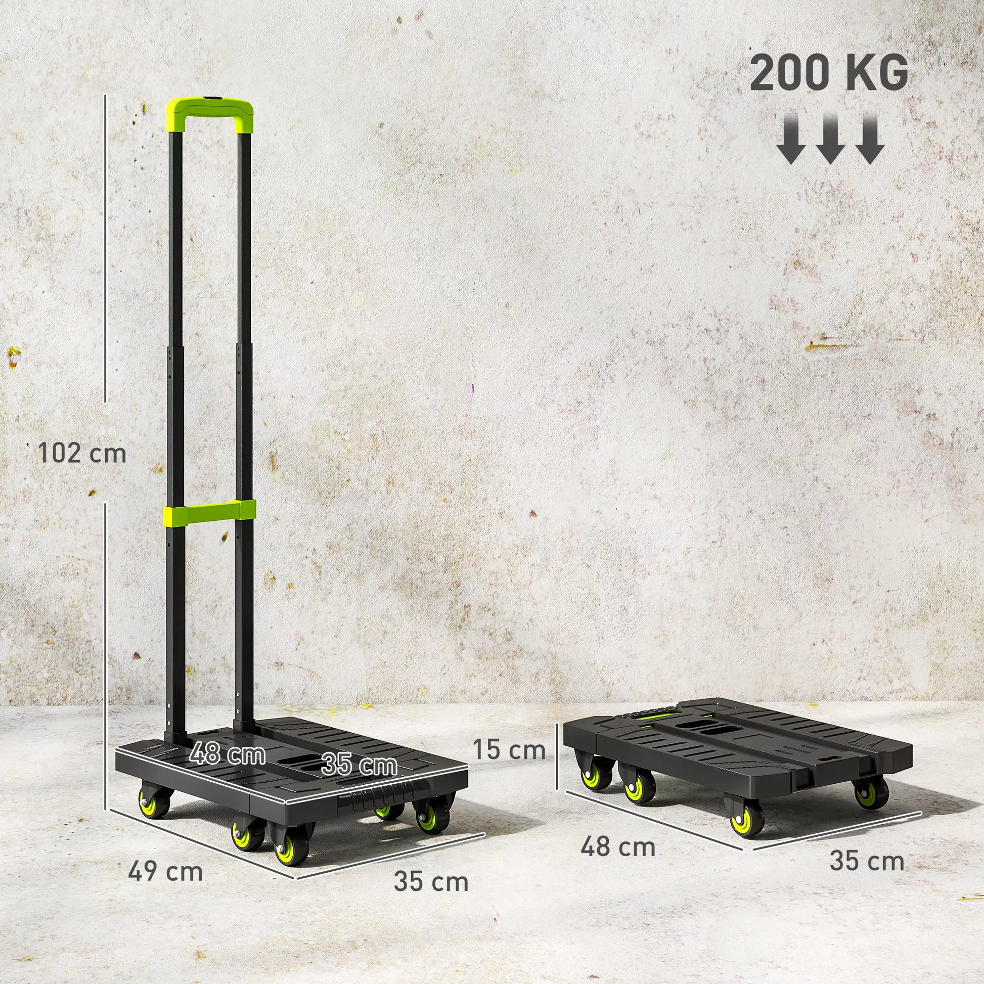 Sulankstomas metalinis vežimėlis su ratukais ir reguliuojamu rankenėle 49 x 35 x 102 cm Žalias