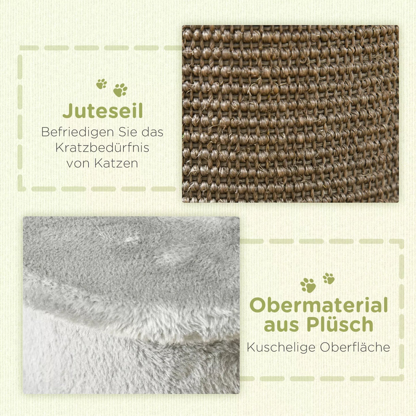 Katės draskyklė su žaislu, komplekte 2 kamuoliukai. Minkštas pliušas, 34 cm x 25,5 cm x 58 cm, pilkos spalvos.