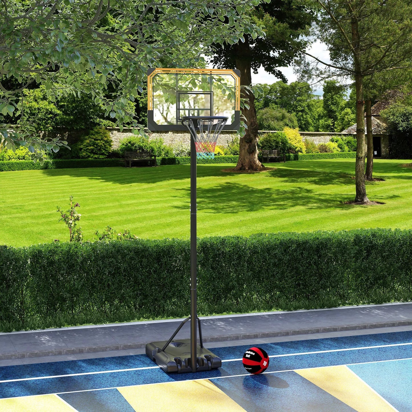 Reguliuojamo aukščio krepšinio stovas, 182-213 cm krepšio aukštis, atsparus oro sąlygoms, su ratukais, metalinis rėmas