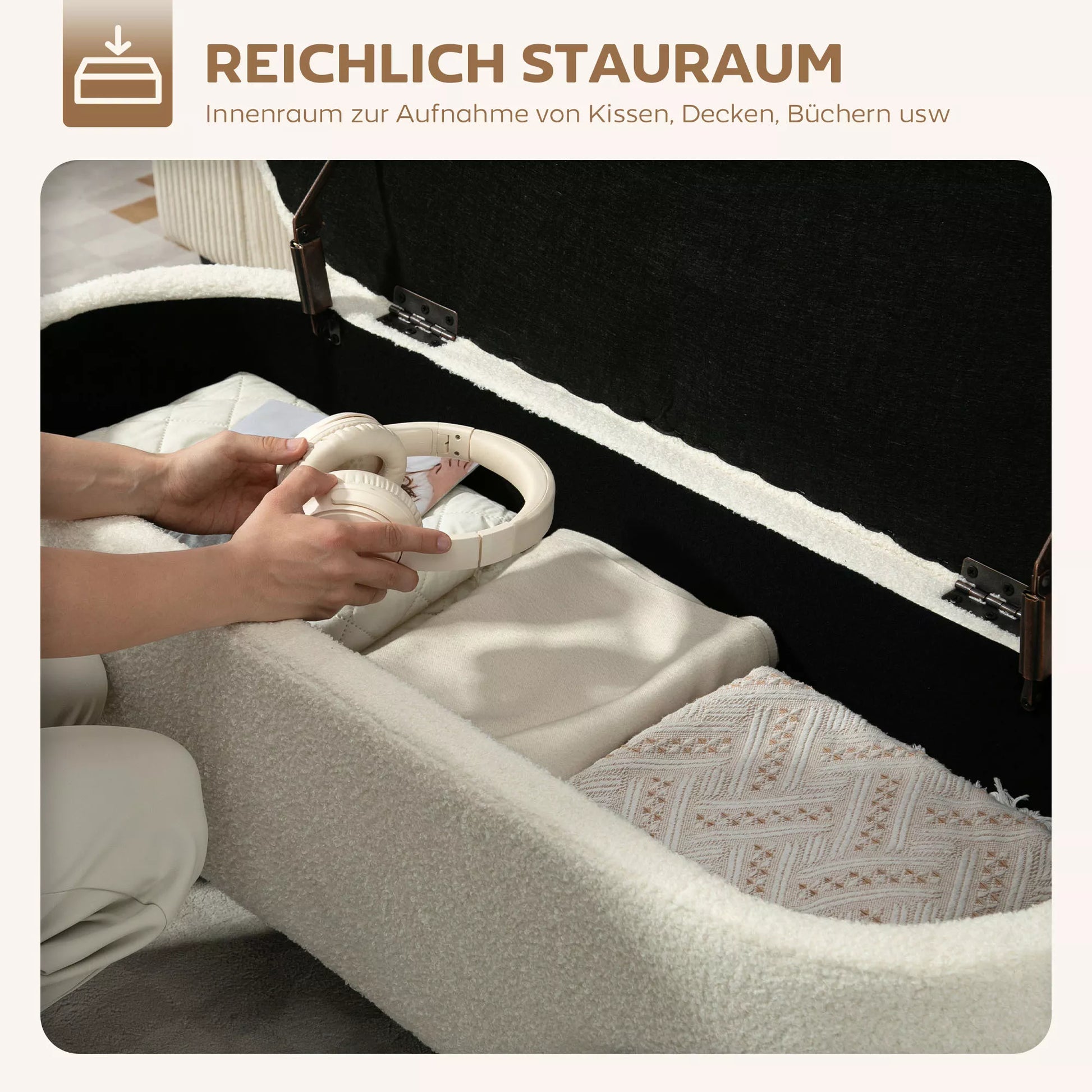 Sėdimoji dėžė, sėdimoji dėžė su dangčiu ir saugojimo erdve, plieninės kojos, minkšta sėdimoji dėžė su vilnoniu apmušalu, kreminė balta spalva