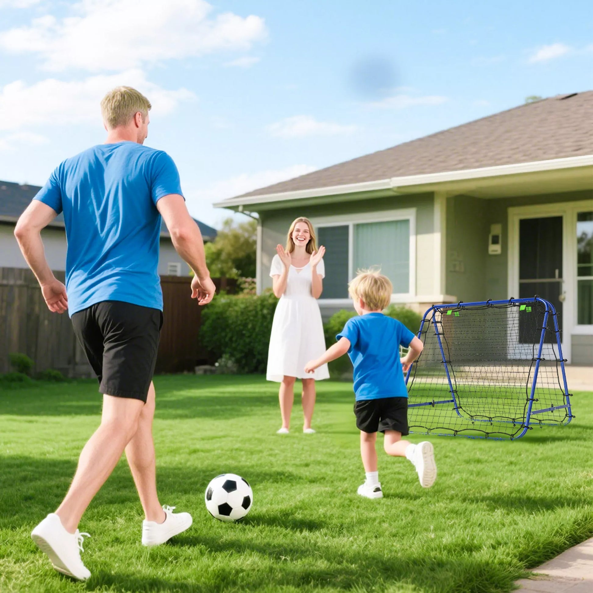Dvigubas atmušėjas futbolui, reguliuojama atmušimo sienelė su 5 kampinėmis pozicijomis, tinklinis atmušėjas, 100 x 68-95cm atmušimo vartai jaunimui, atmušimo sienelė rankinio treniruotėms, mėlynas