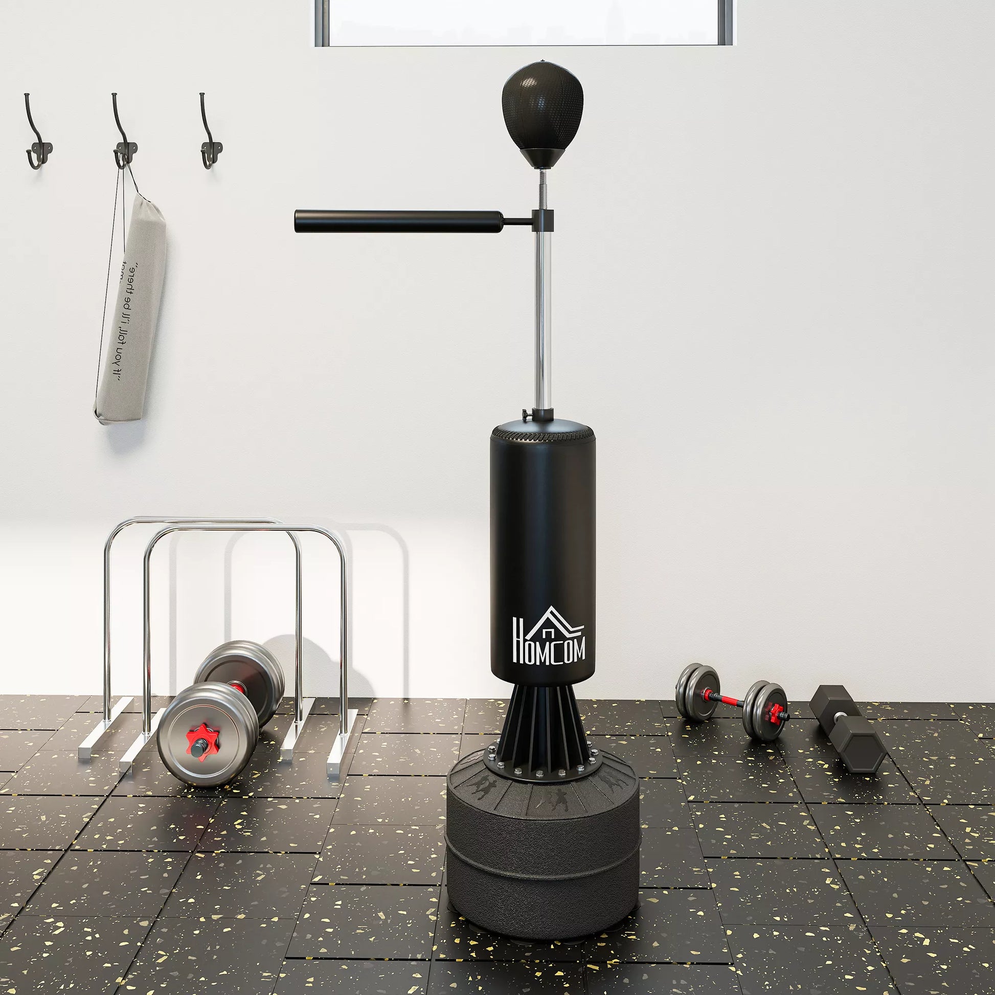 Stovintis bokso maišas su speedball, refleksine lazda, reguliuojamo aukščio, suaugusiems, 155-205cm, Juodas