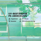 Infografika apie UV atsparią plėvelės dangą — patvarumą ir šilumos išlaikymą