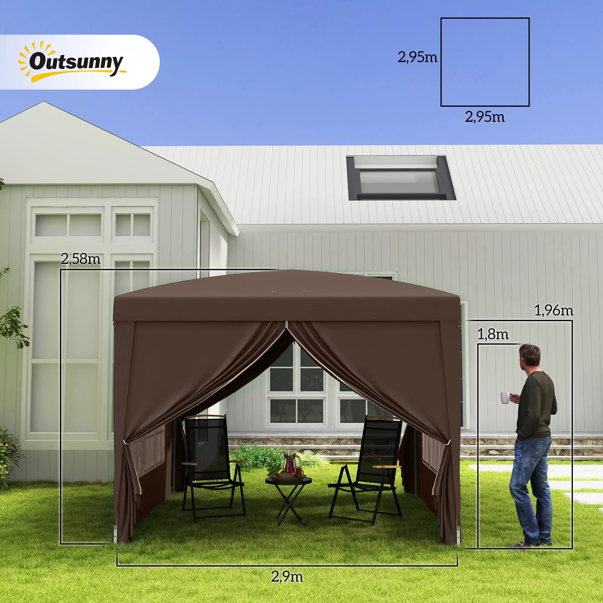 3 x 3 m paviljonas su 4 sienomis, langais, palapine su UV apsauga, sodo palapine su nešimo maišeliu, plienas, kava