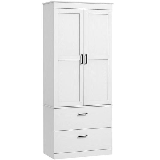 Laisvai pastatoma virtuvės spintelė su reguliuojamomis lentynomis ir dviem plačiomis stalčiais, skirta svetainei, virtuvei, balta