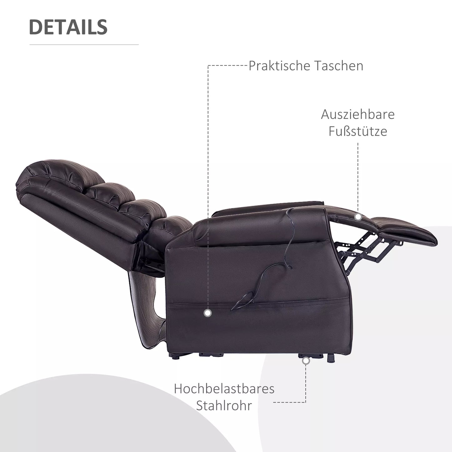 HOMCOM Masažinė ir poilsio kėdė su pakėlimo funkcija, su pulteliu, ruda