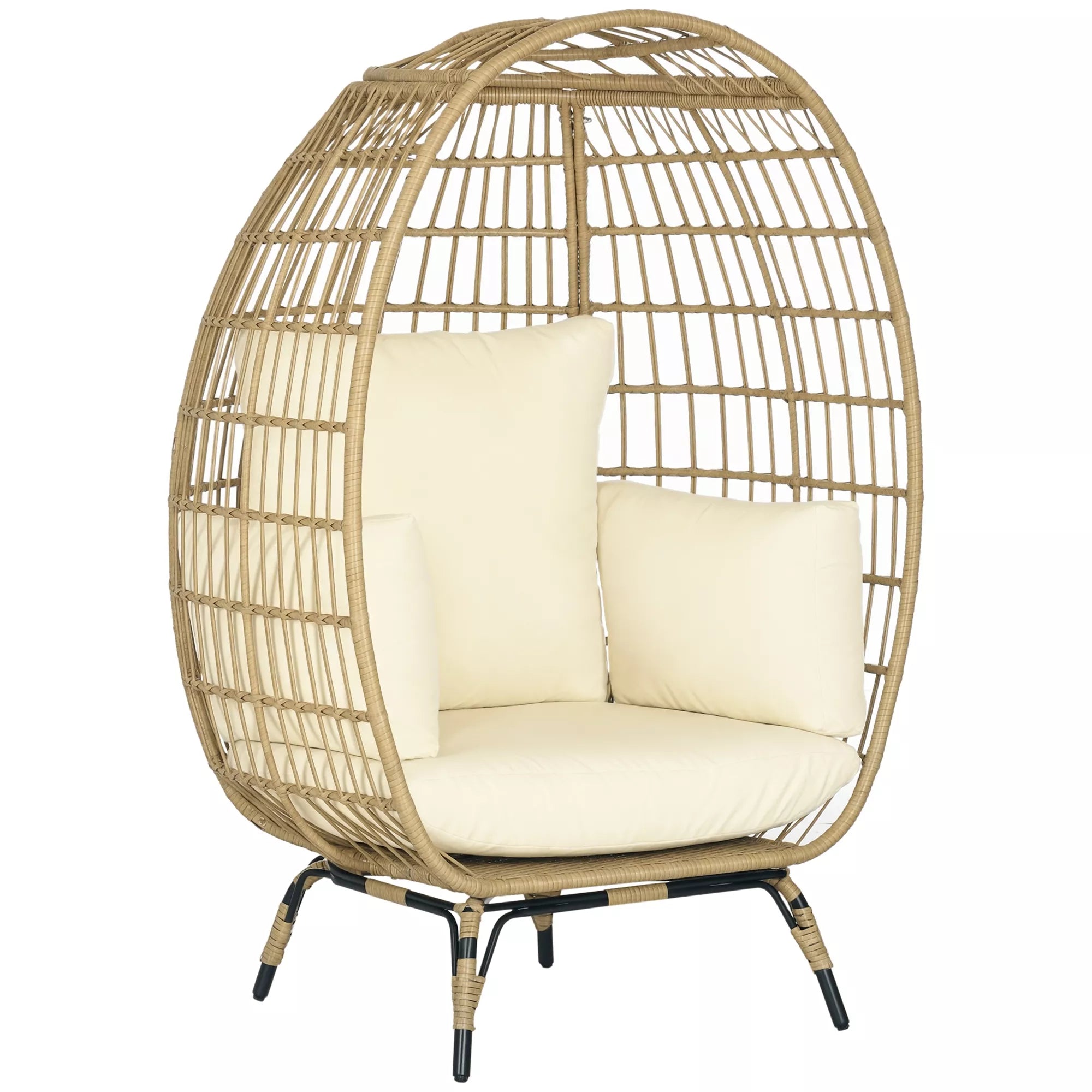 Rattaninio stiliaus krepšinė kėdė, minkštos sėdynės pagalvėlės, aliuminio rėmas, chaki + smėlio spalvos, 105 x 90 x 148 cm